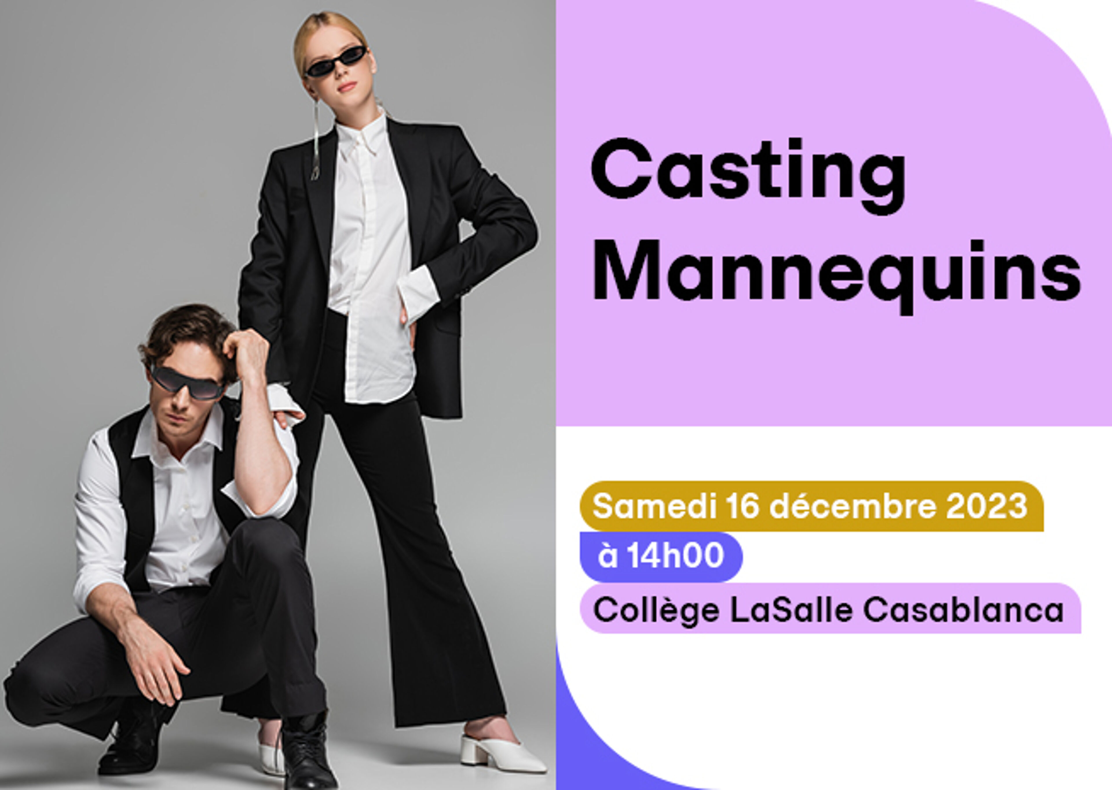 Un homme et une femme mannequins, élégants en tenue de soirée, posent pour un casting prévu le 16 décembre 2023, à 14h, au Collège LaSalle Casablanca.