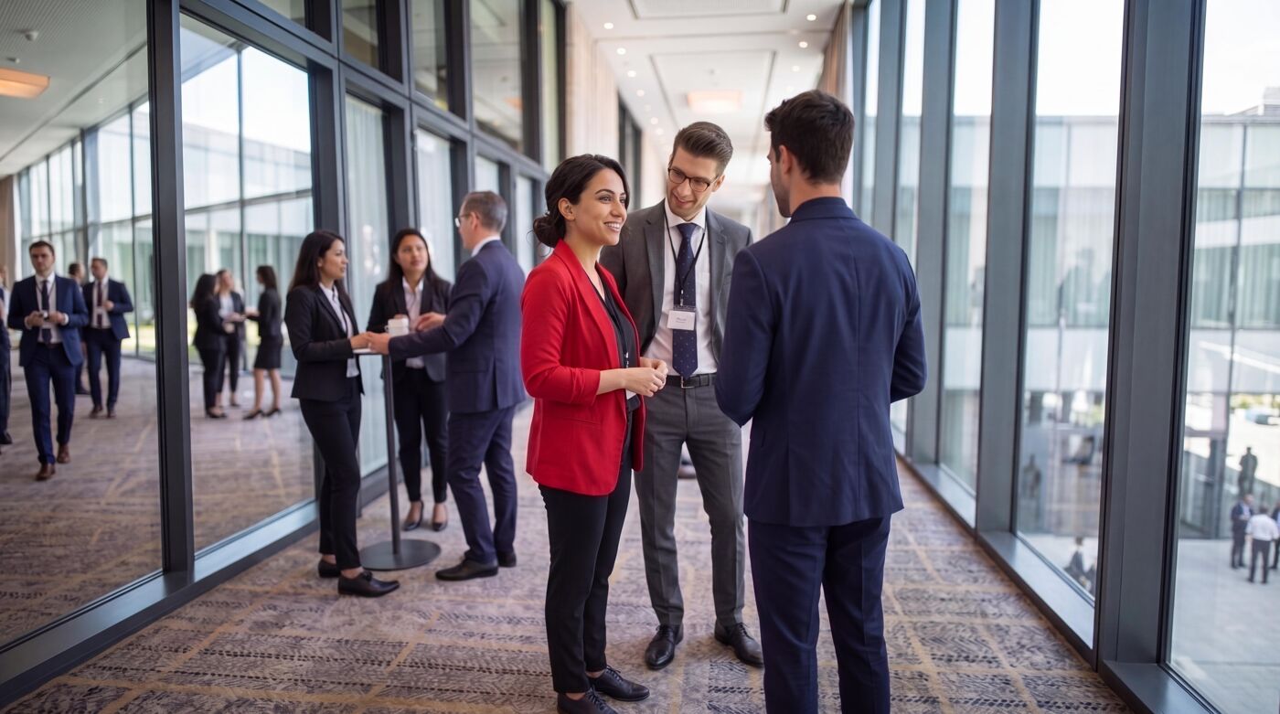 Three men and one woman in formal attire are conversing in a long hallway with large windows overlooking a modern building. Other people are visible in the background.