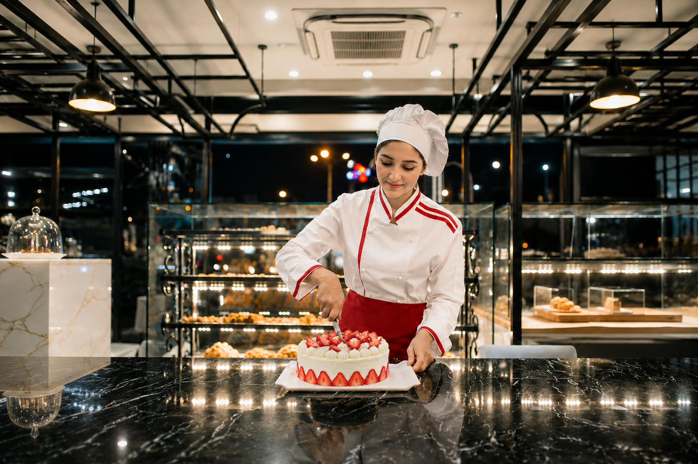 A female baker wearing a white hat and red apron is slicing a strawberry cake decorated with cream and whole strawberries on a dark marble countertop.