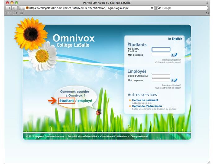 Capture d'écran du portail Omnivox du Collège LaSalle pour les étudiants et les employés, avec des options de connexion et un design vif inspiré de la nature.