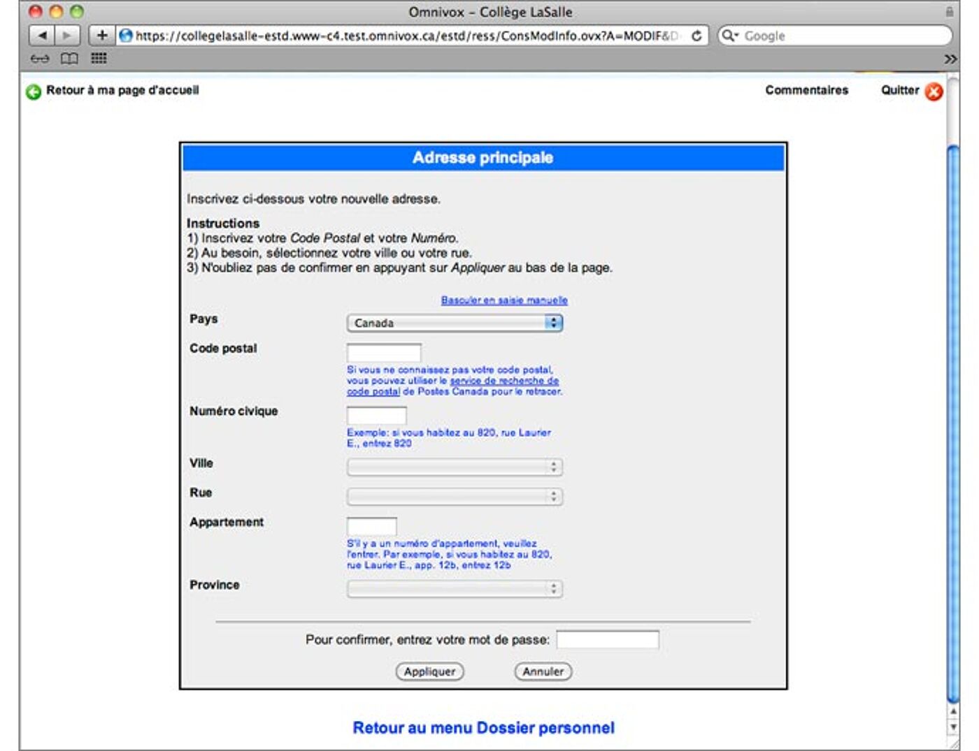 Screenshot of a French-language web interface for updating a primary address, featuring fields for country, postal code, city, street, apartment, and province.