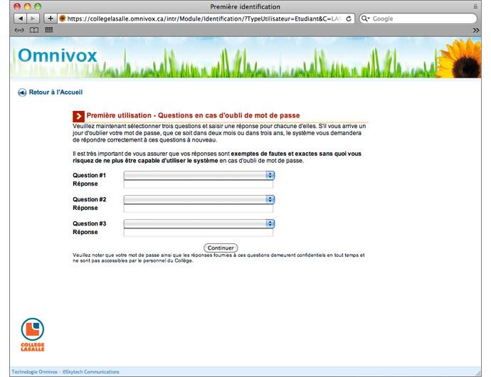 Page de questions de sécurité pour réinitialisation de mot de passe