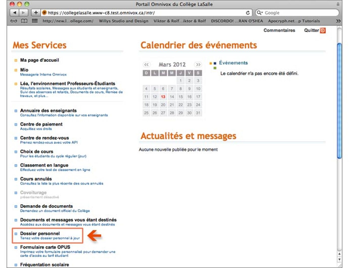 Screenshot of LaSalle College's Omnivox portal, showing menus, a March 2012 calendar, and a red arrow pointing to 'Personal Folder'.