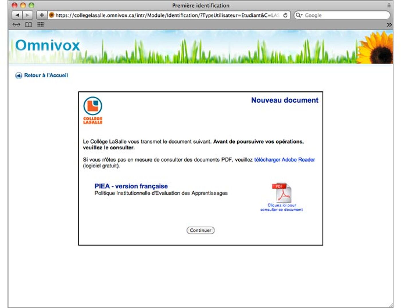 Screenshot of LaSalle College's Omnivox portal displaying a new document notification and advising the use of Adobe Reader for PDF files.