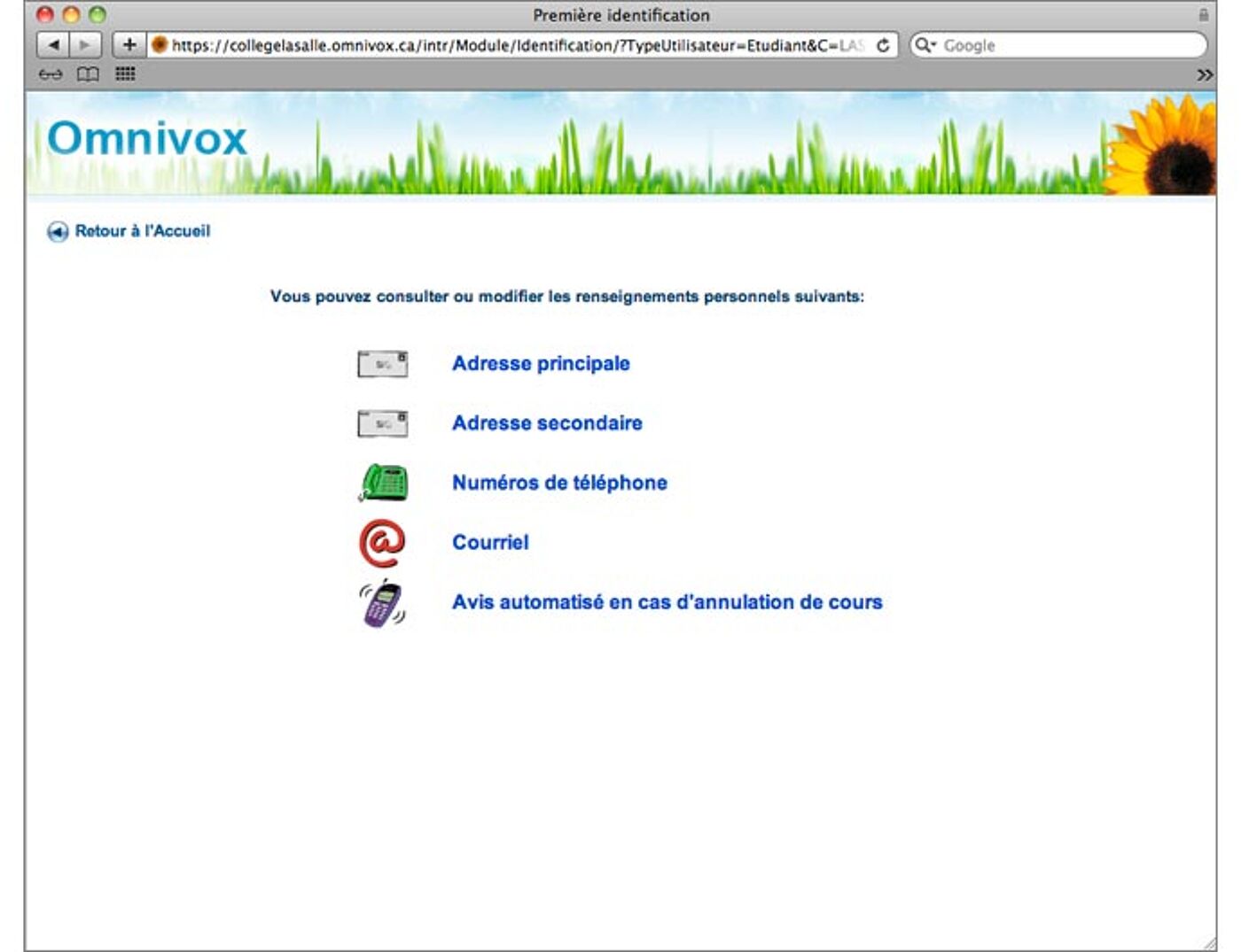 A screenshot of an educational web portal's personal information section with options to update addresses, phone numbers, email, and receive automated class cancellation notices.