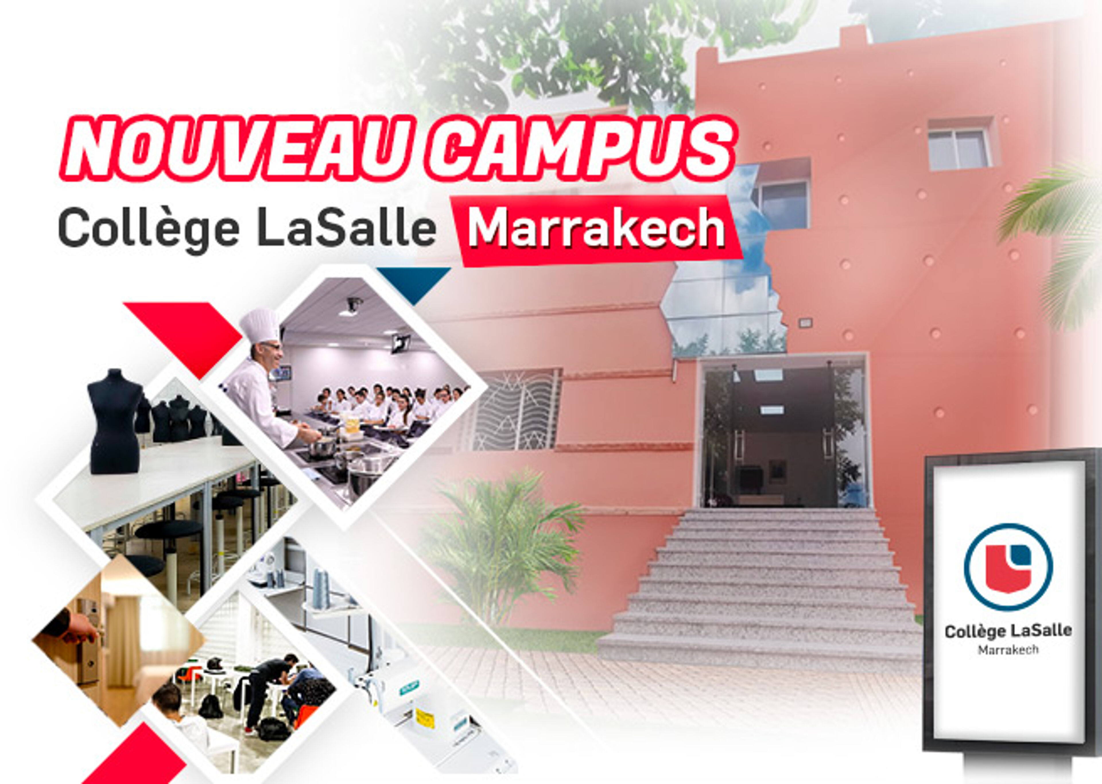 Un collage promotionnel du nouveau campus du Collège LaSalle à Marrakech, montrant la façade rose, des salles de classe et des ateliers de design.