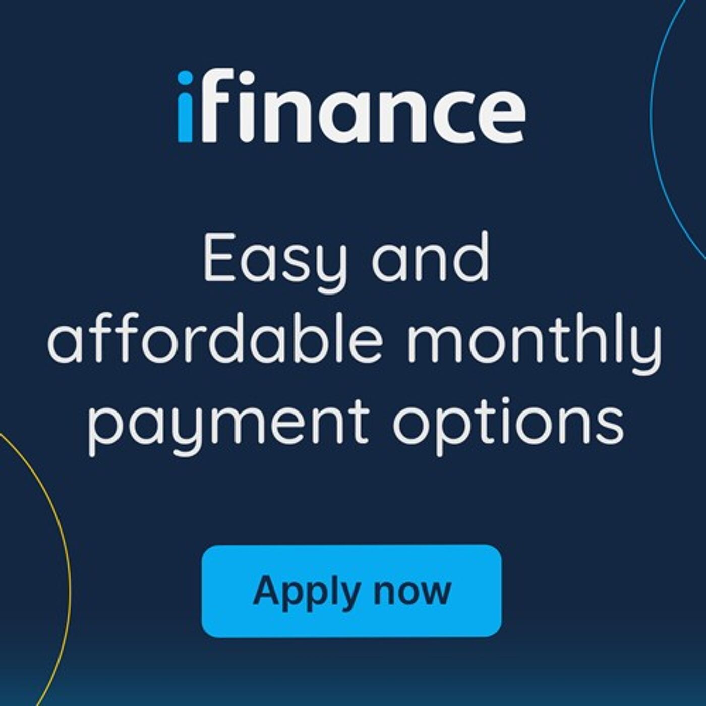 The image features a blue and white advertisement for Finance, which is a financial services company. The advertisement is promoting their easy and affordable monthly payment options.