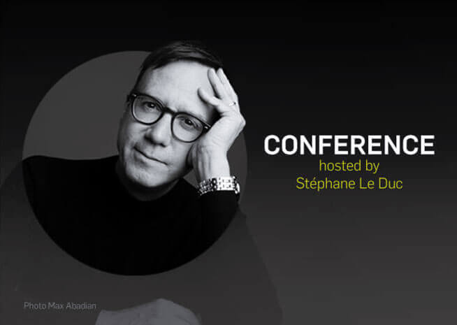 Monochrome portrait of a man with glasses, resting his head on his hand, with text announcing a conference hosted by Stéphane Le Duc.