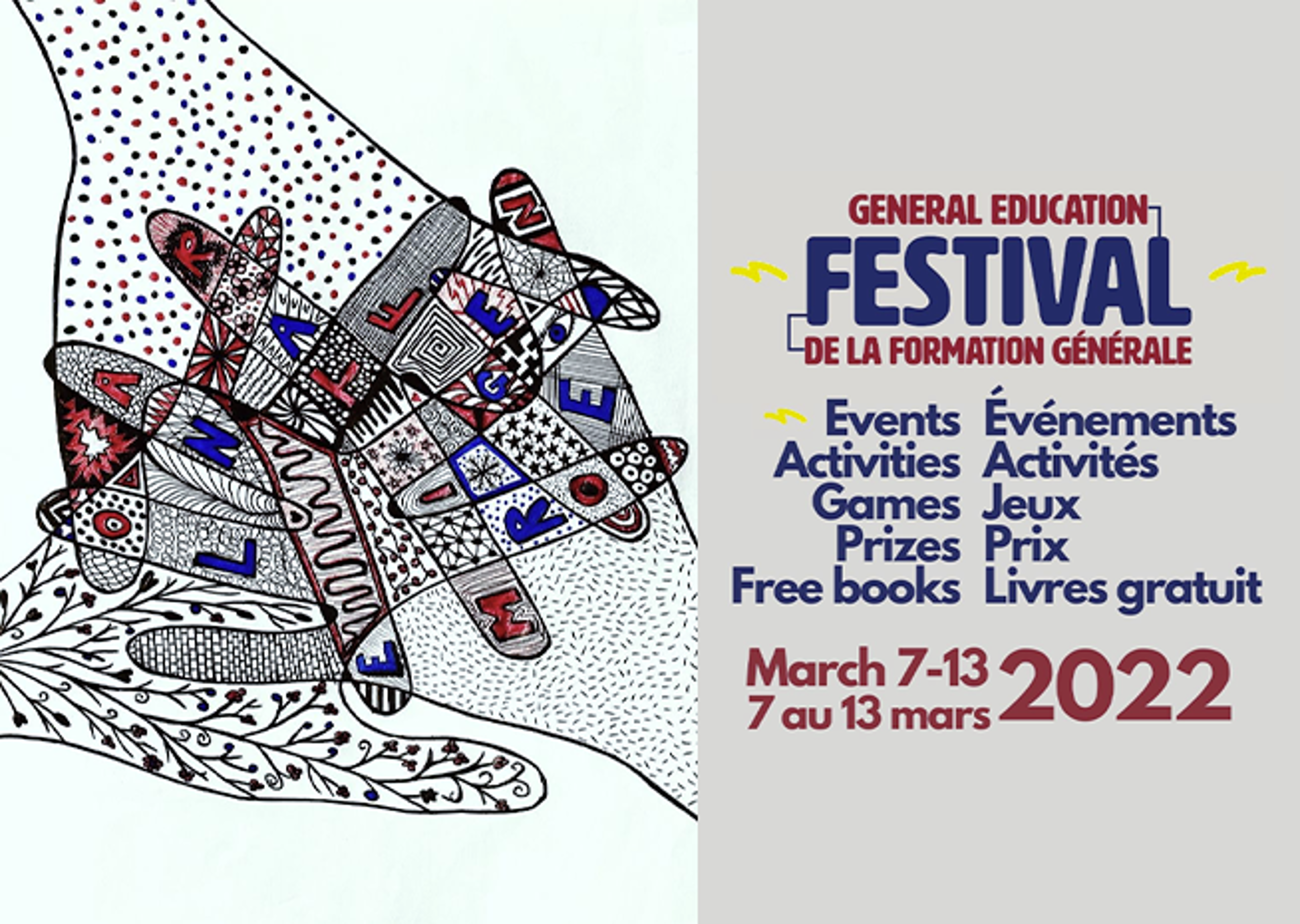 Une affiche promotionnelle pour un festival de formation générale avec une sneaker stylisée aux motifs complexes, énumérant événements, activités, jeux, prix et livres gratuits du 7 au 13 mars 2022.
