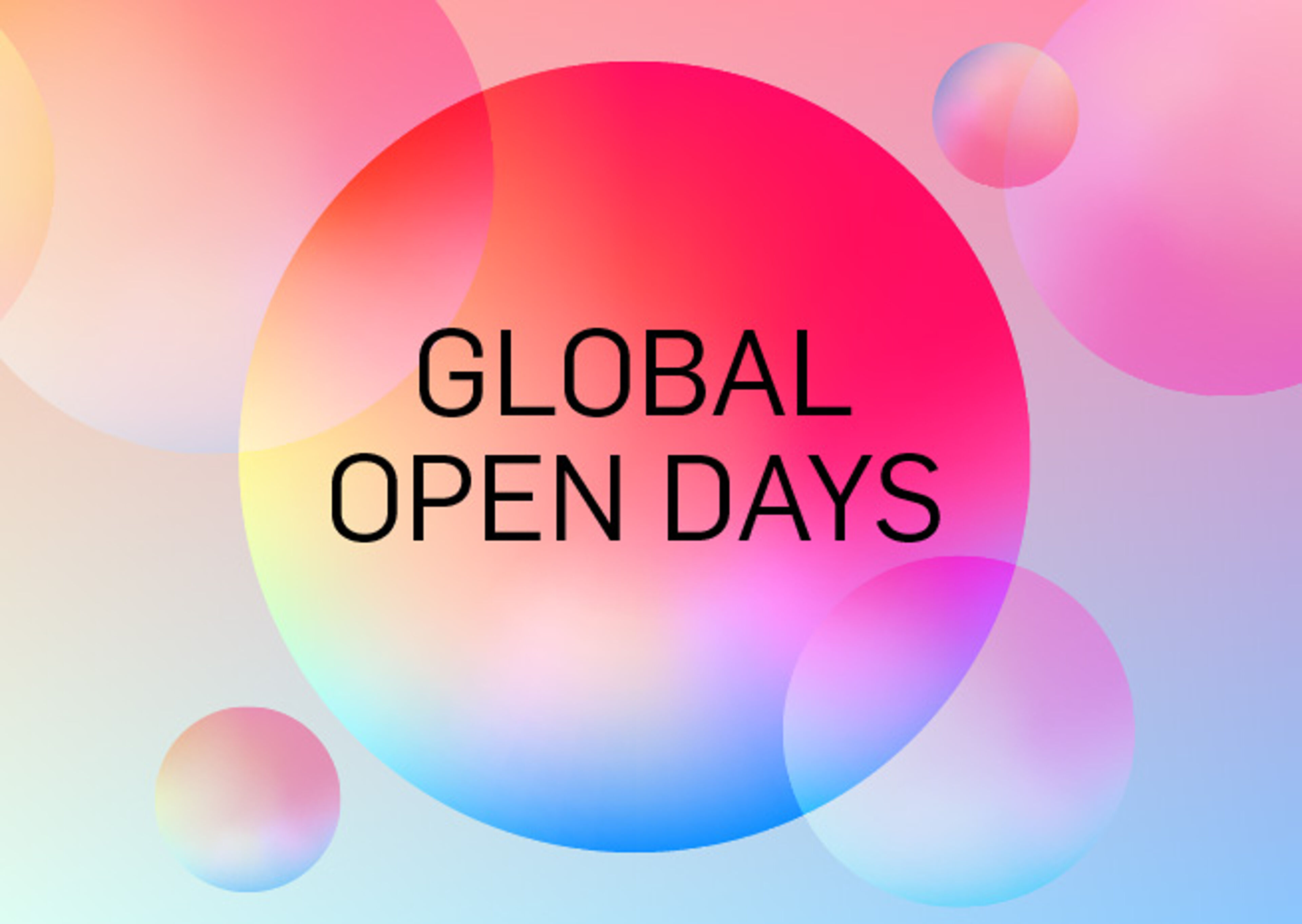 An abstract, vibrant poster for "Global Open Days" featuring overlapping translucent circles in a gradient of pink and blue hues.