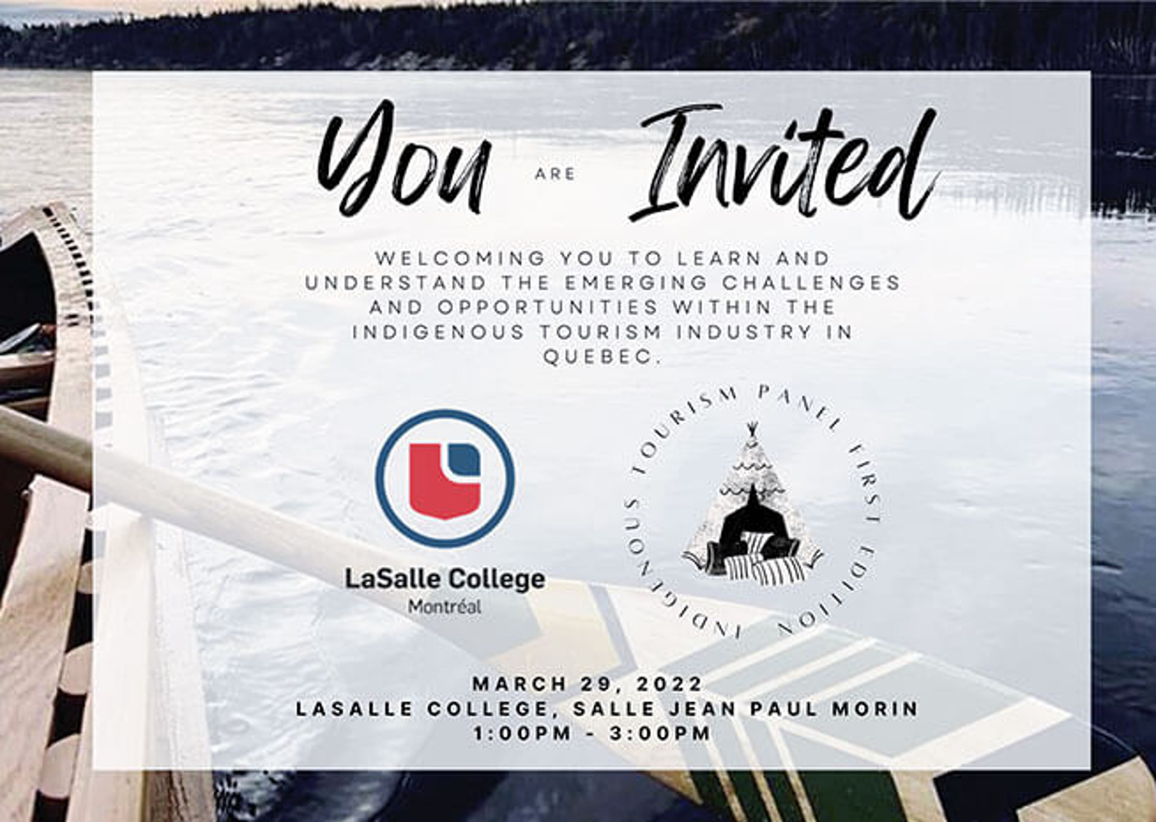 Invitation to an educational panel on Indigenous tourism in Quebec, organized by LaSalle College on March 29, 2022.