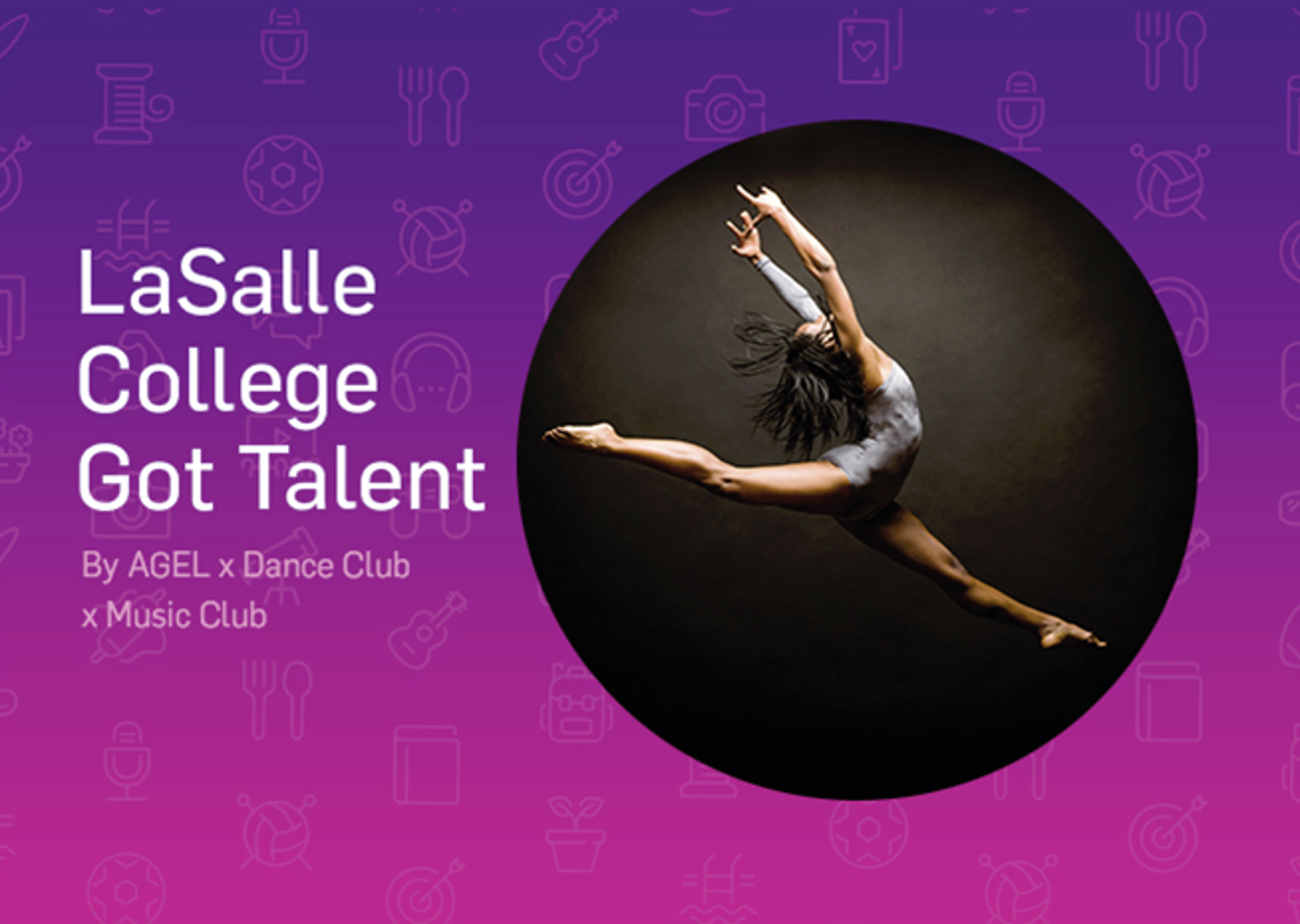 Energetic dancer mid-leap against a dark backdrop, promoting LaSalle College's talent event with a vibrant purple theme.