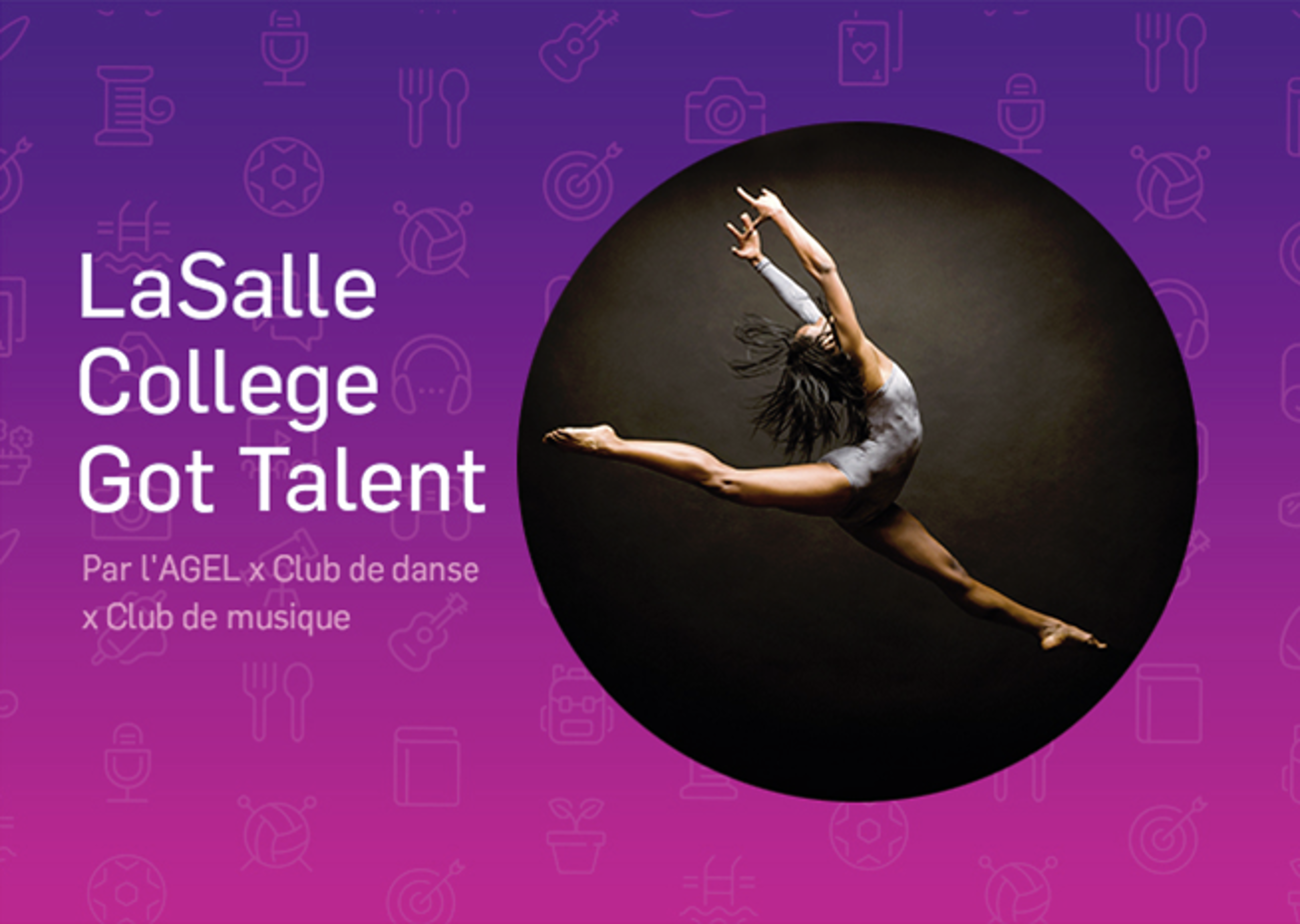 Danseuse dynamique en plein saut sur fond sombre, annonçant l'événement de talents du Collège LaSalle avec un thème violet éclatant.