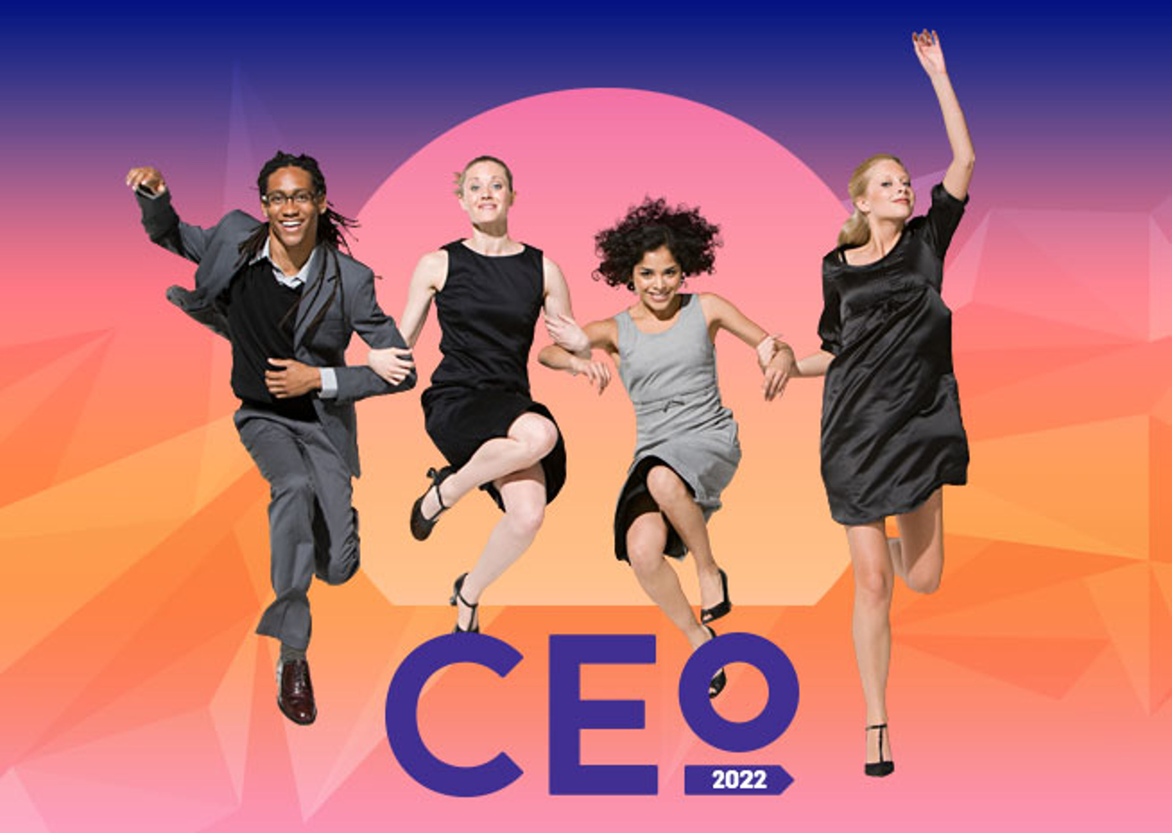 Four professionals joyfully leaping against a vibrant background with the acronym 'CEO' and the year '2022'.

