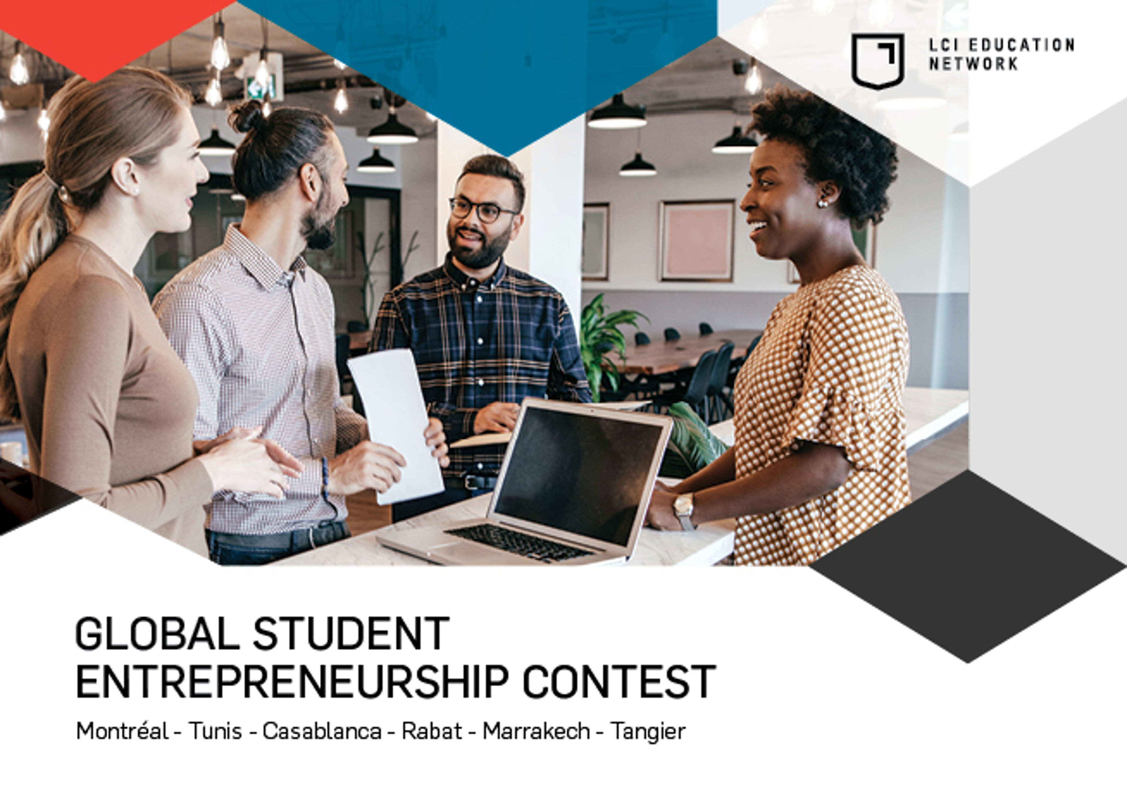 A diverse group of students collaborates in a modern office setting, brainstorming for a global entrepreneurship contest.