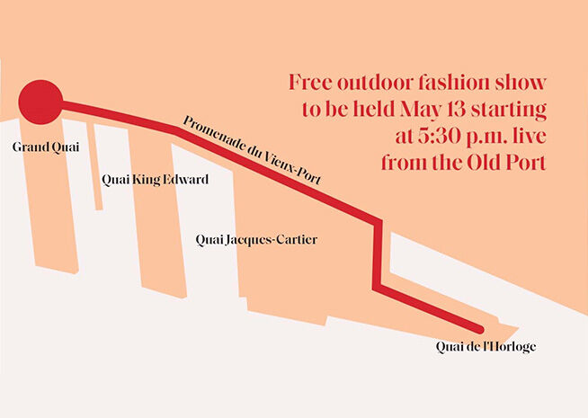 Map indicating the route for a free outdoor fashion show at the Old Port on May 13, starting at 5:30 p.m.