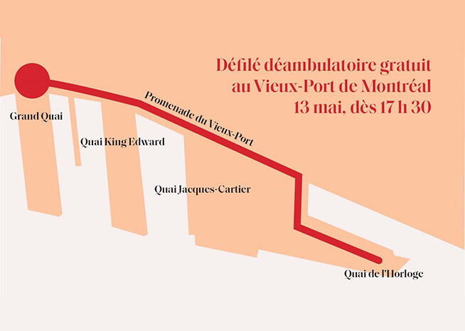 Carte indiquant l'itinéraire pour un défilé de mode gratuit en plein air au Vieux-Port le 13 mai, à partir de 17h30.