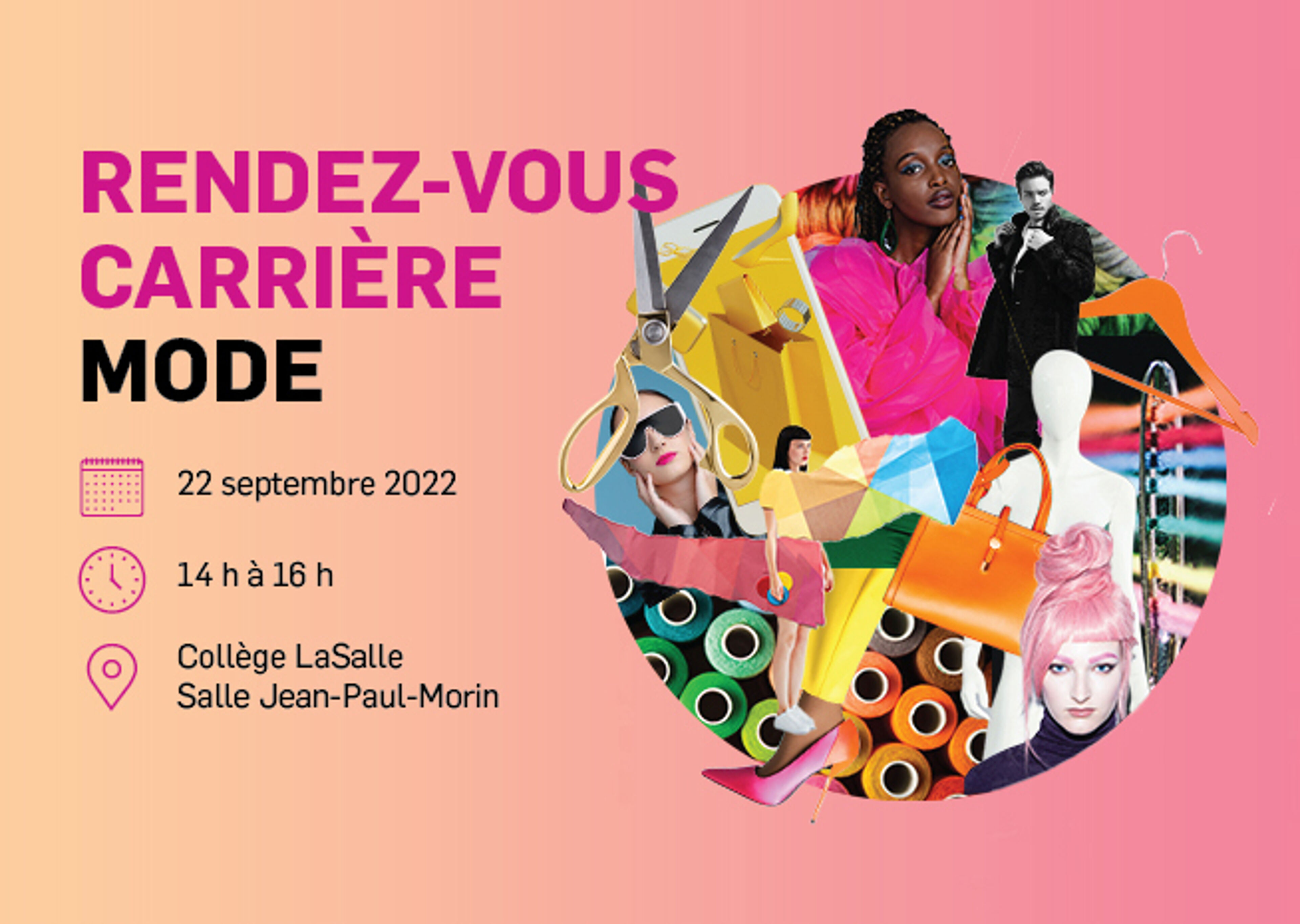 Prospectus vibrant pour un événement de carrière de mode le 22 septembre 2022, au Collège LaSalle.