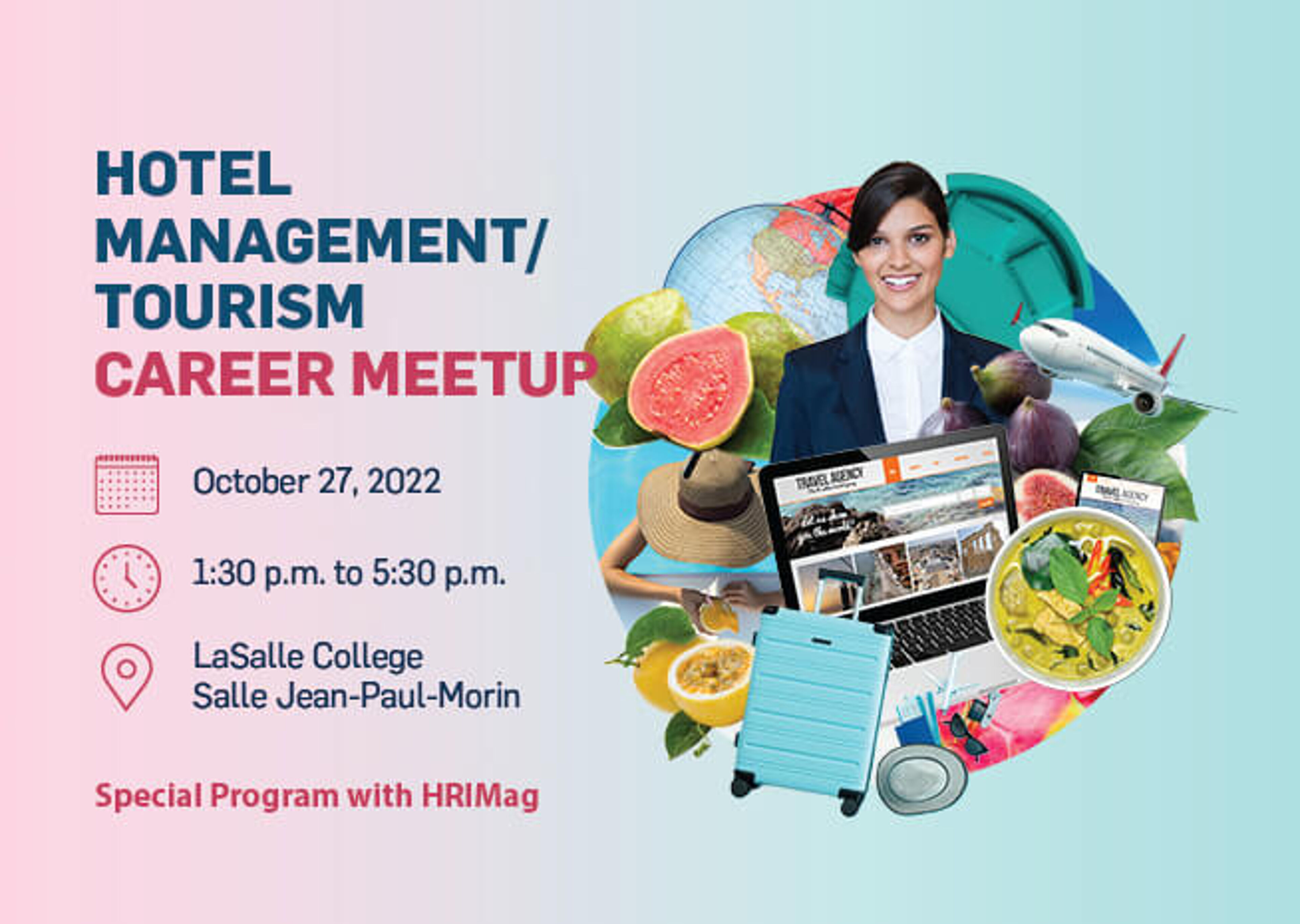 Networking event for hotel and tourism careers on October 27, with various industry symbols, hosted by LaSalle College.