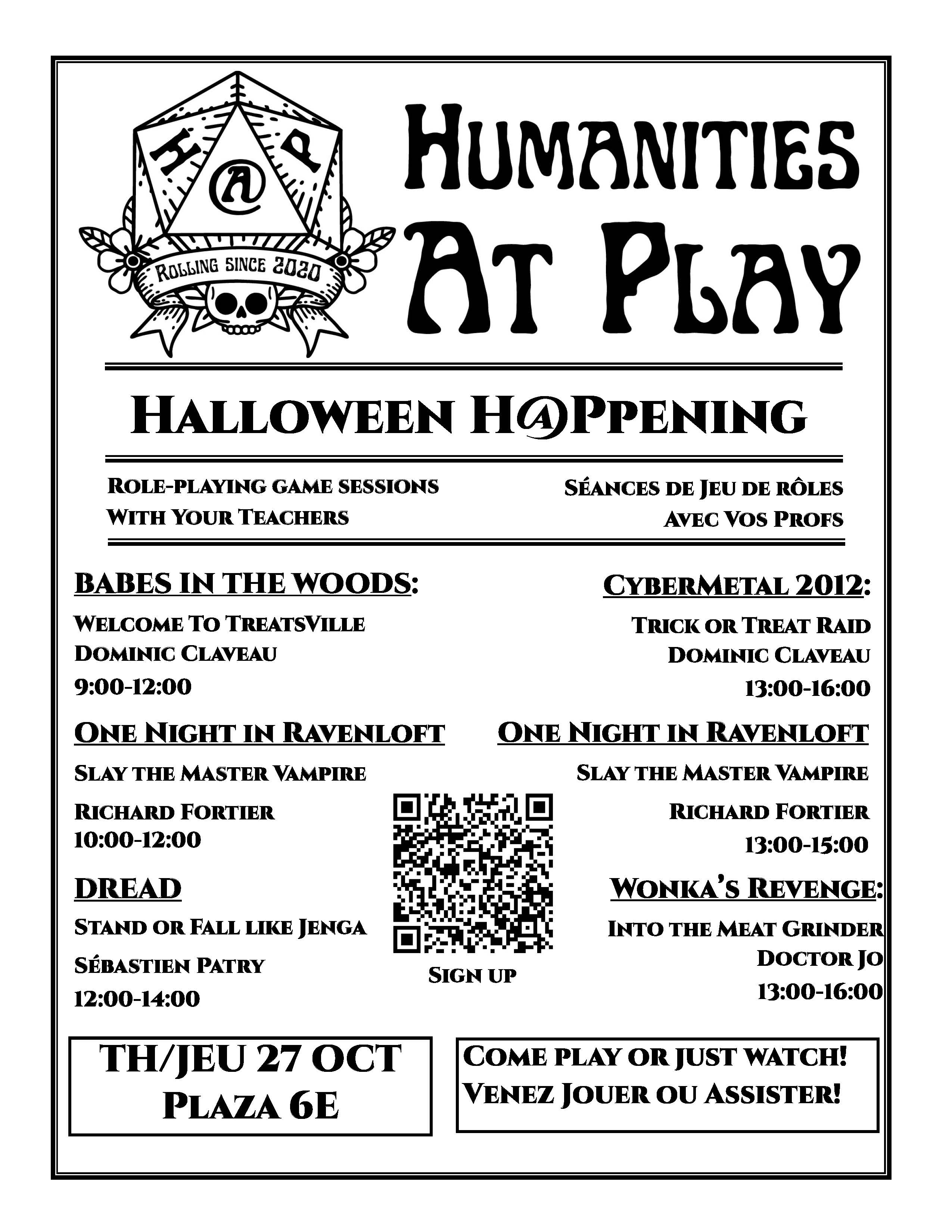 Programme de l'événement Halloween organisé par le Département des Humanités le 27 octobre, incluant des jeux de rôle et des sessions interactives.