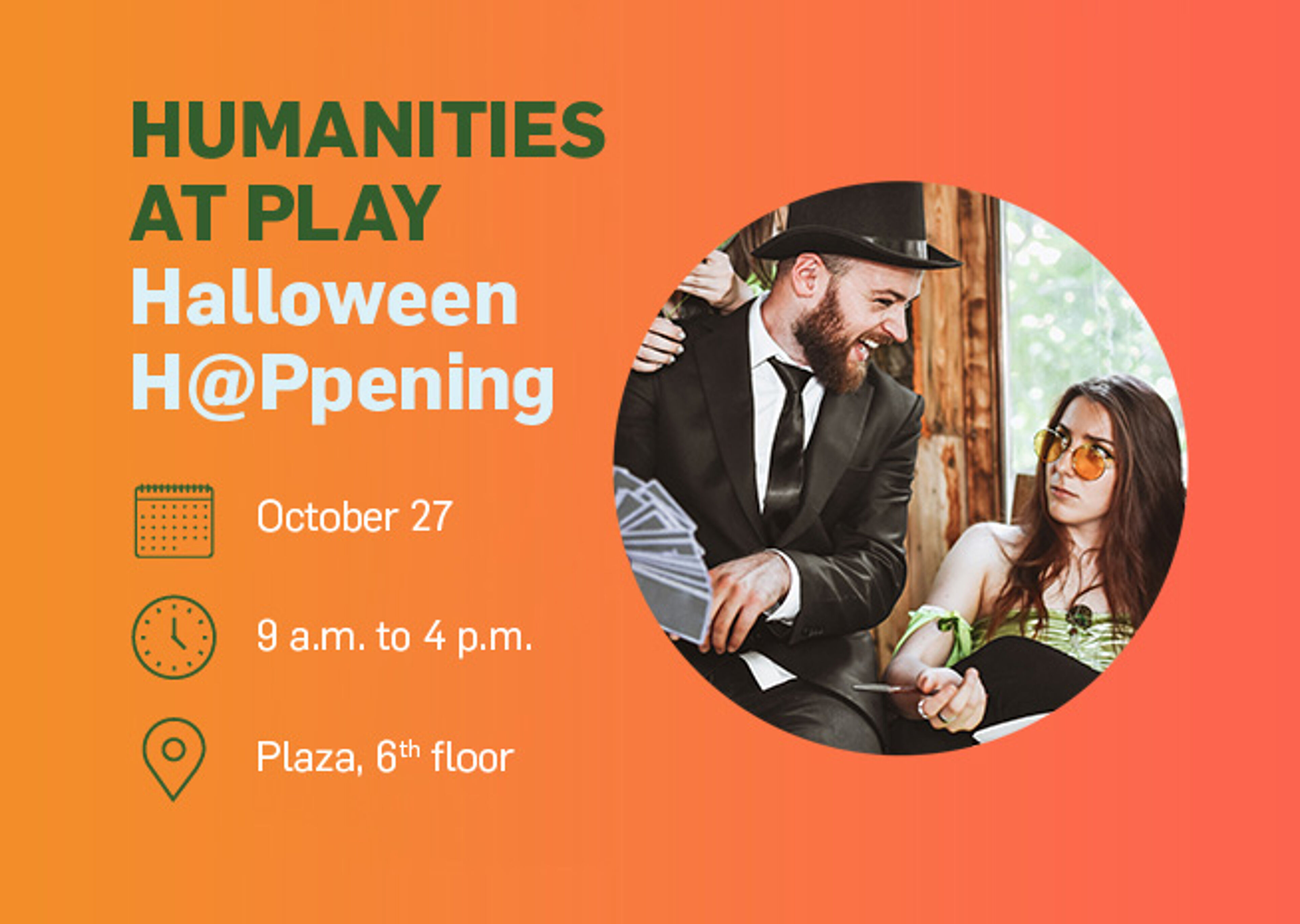 Announcement for a Halloween-themed event by the Humanities department on October 27, from 9 a.m. to 4 p.m.