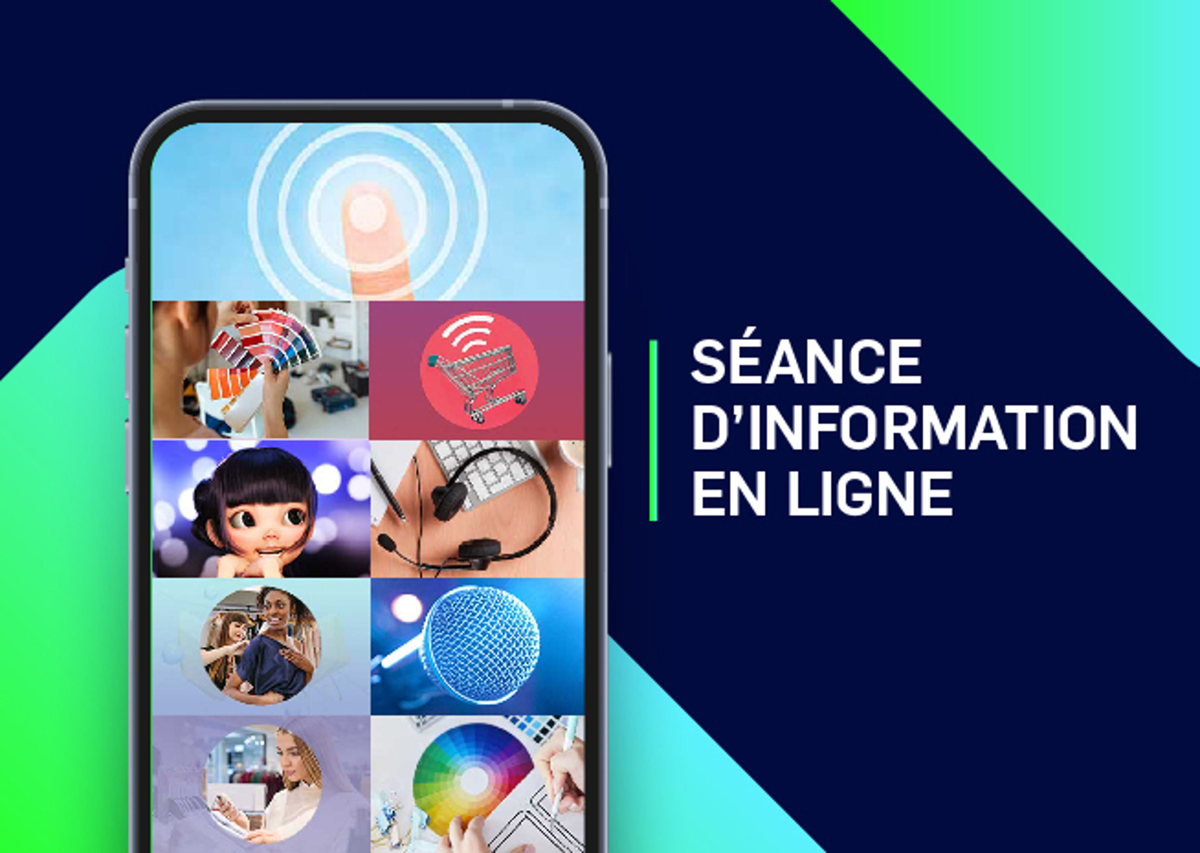 Image promotionnelle pour une session d'information en ligne, présentant diverses icônes d'interaction numérique sur un écran de smartphone