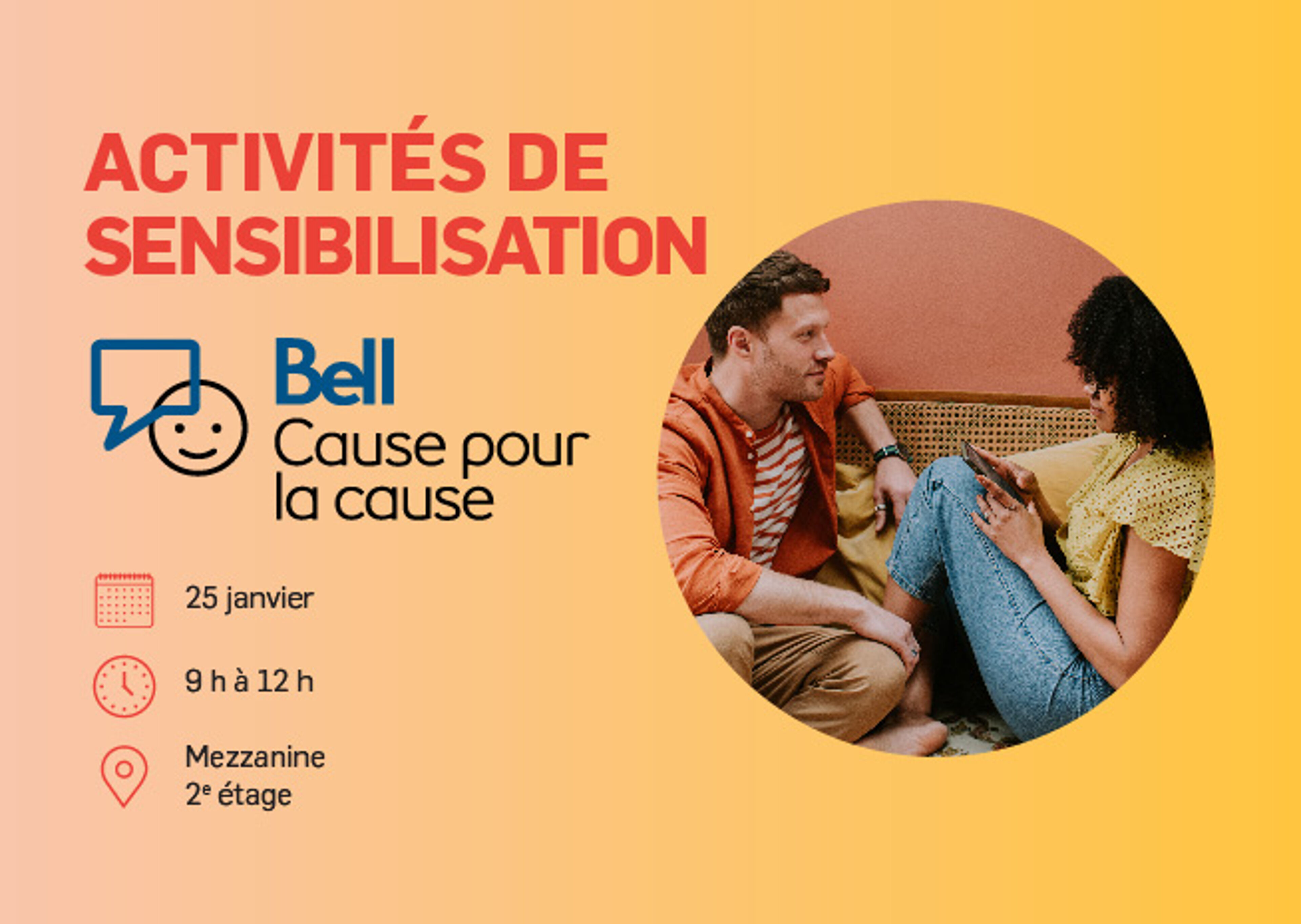 Image promotionnelle pour la campagne de sensibilisation de Bell, avec les détails de l'événement sur un fond jaune avec un homme et une femme en conversation.