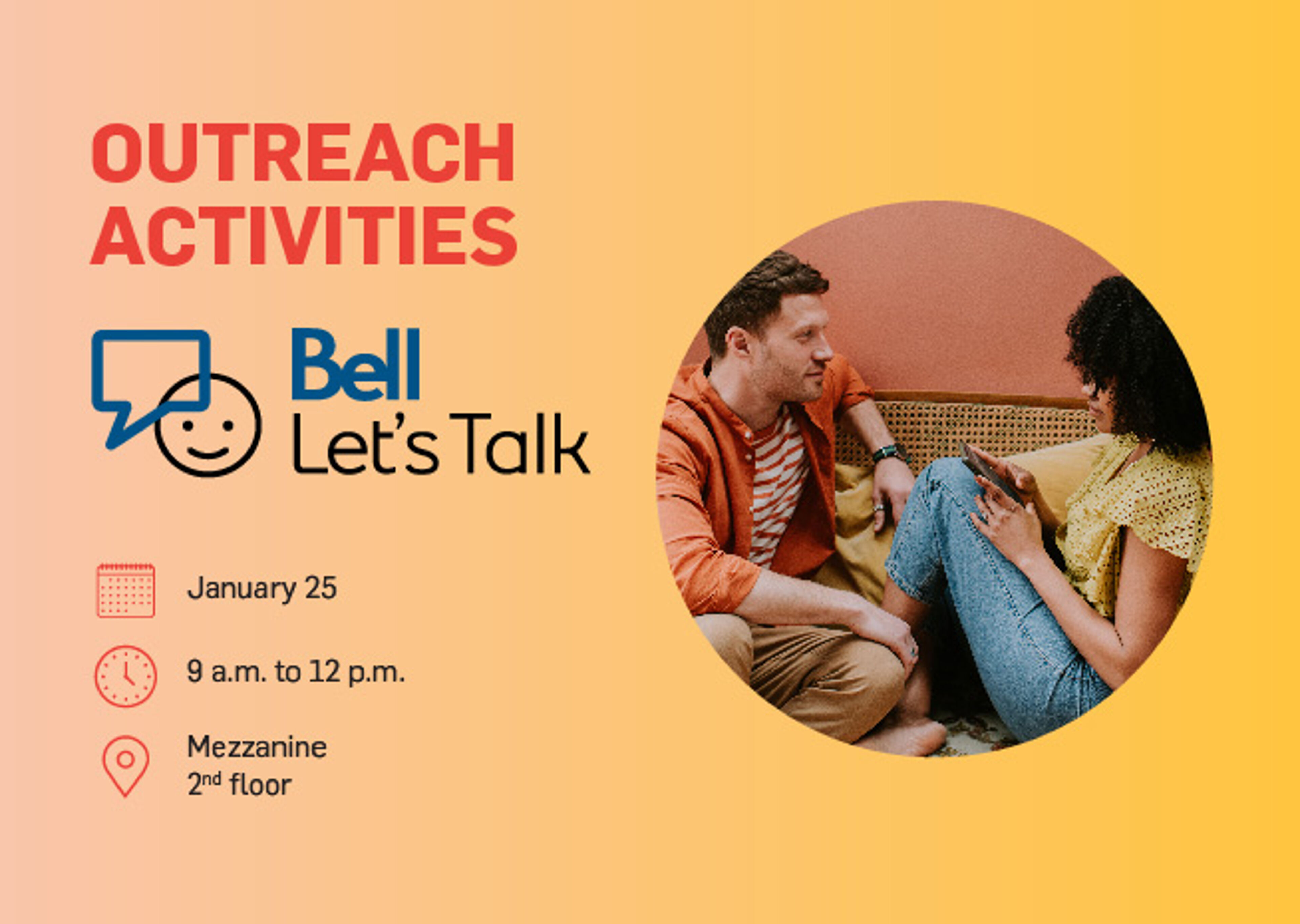 Promotional image for Bell's awareness campaign, featuring event details against a yellow background with a man and woman conversing.