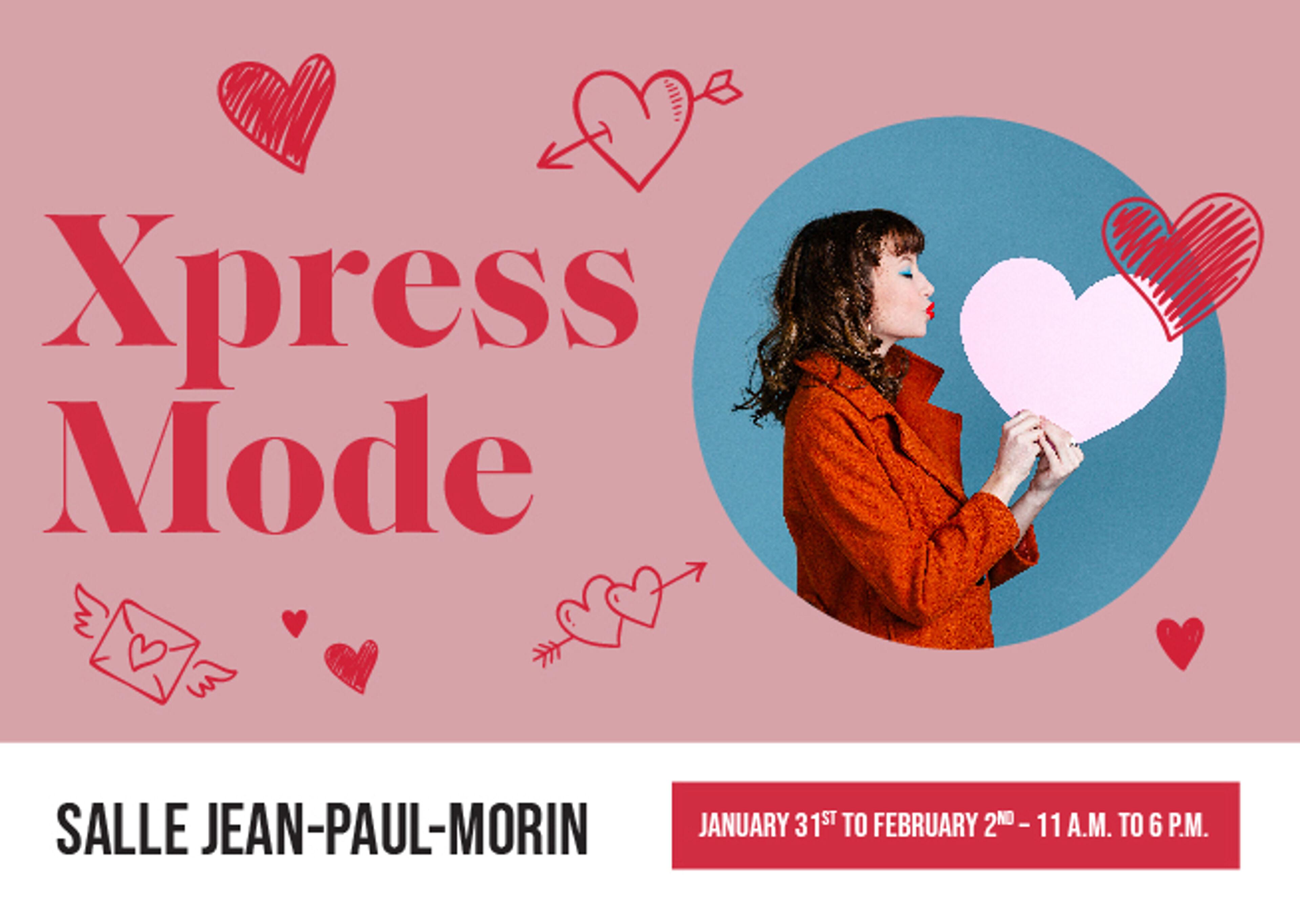A poster with 'Xpress Mode' in large letters, a woman holding a heart shape, and event details, all on a pink background with heart doodles.