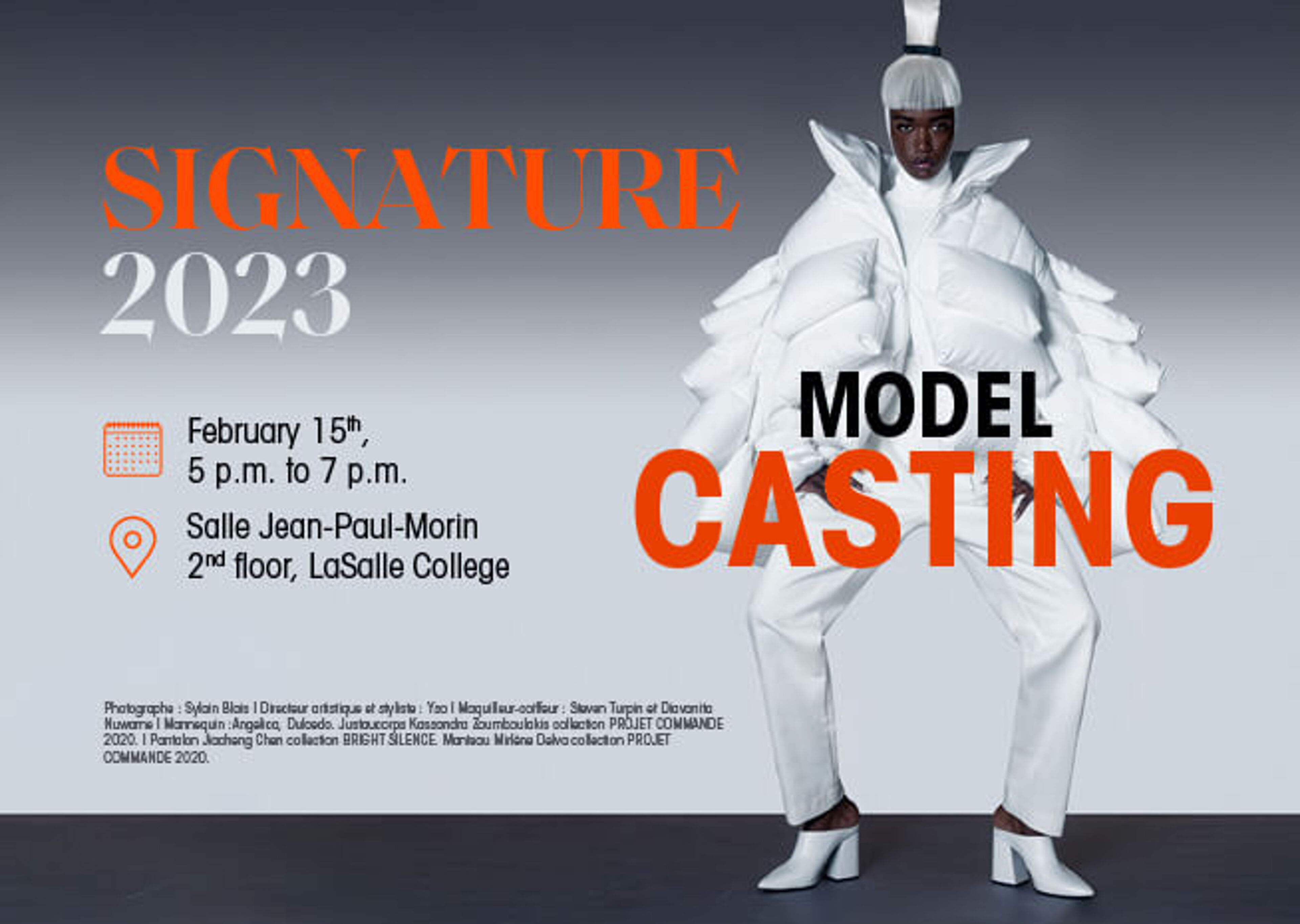 Announcement for a model casting event for SIGNATURE 2023 on February 15th at LaSalle College's Salle Jean-Paul-Morin, featuring a model in avant-garde attire.