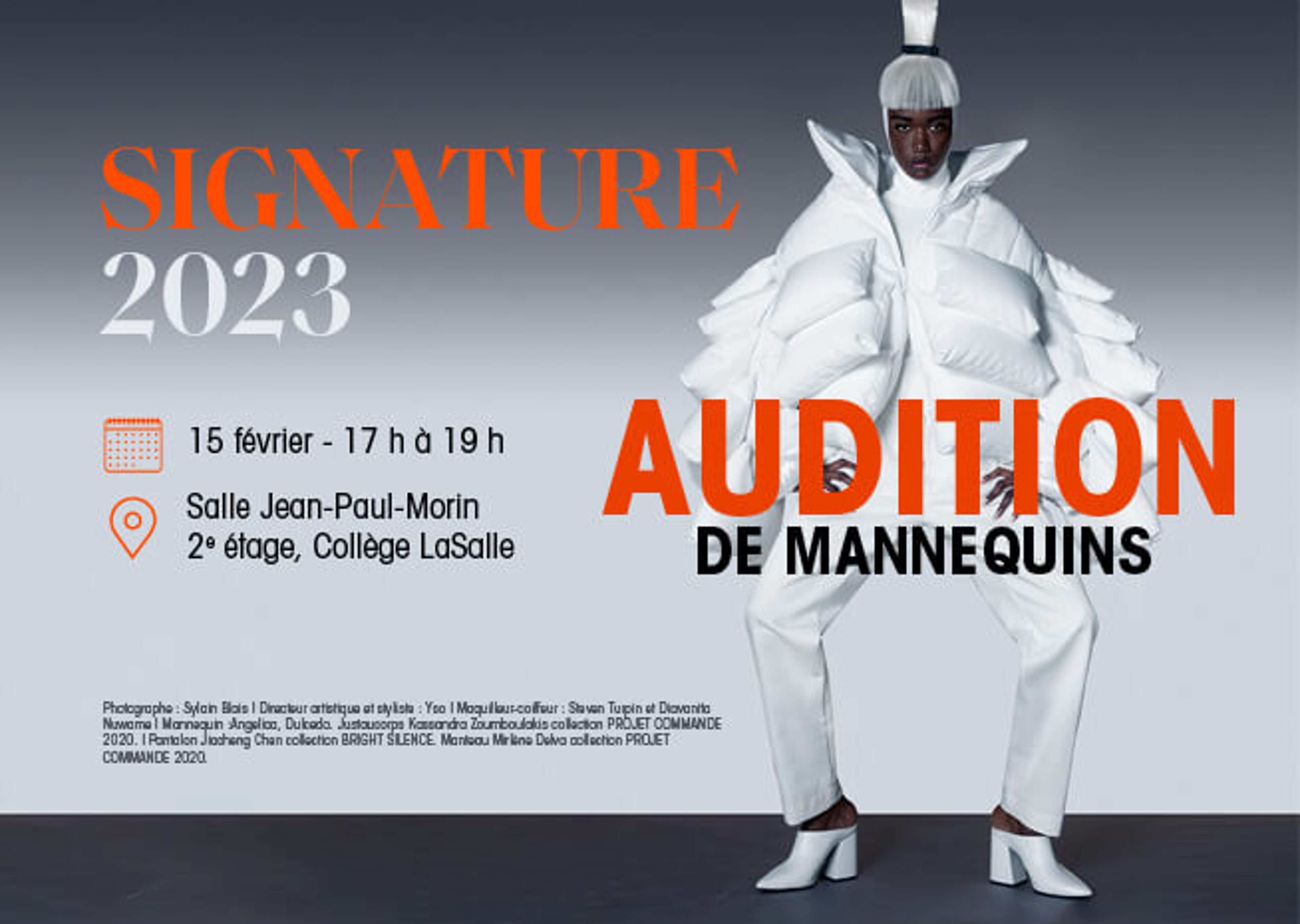 Annonce d'un événement de casting de mannequins pour SIGNATURE 2023 le 15 février à la Salle Jean-Paul-Morin du Collège LaSalle, présentant un mannequin en tenue avant-gardiste.