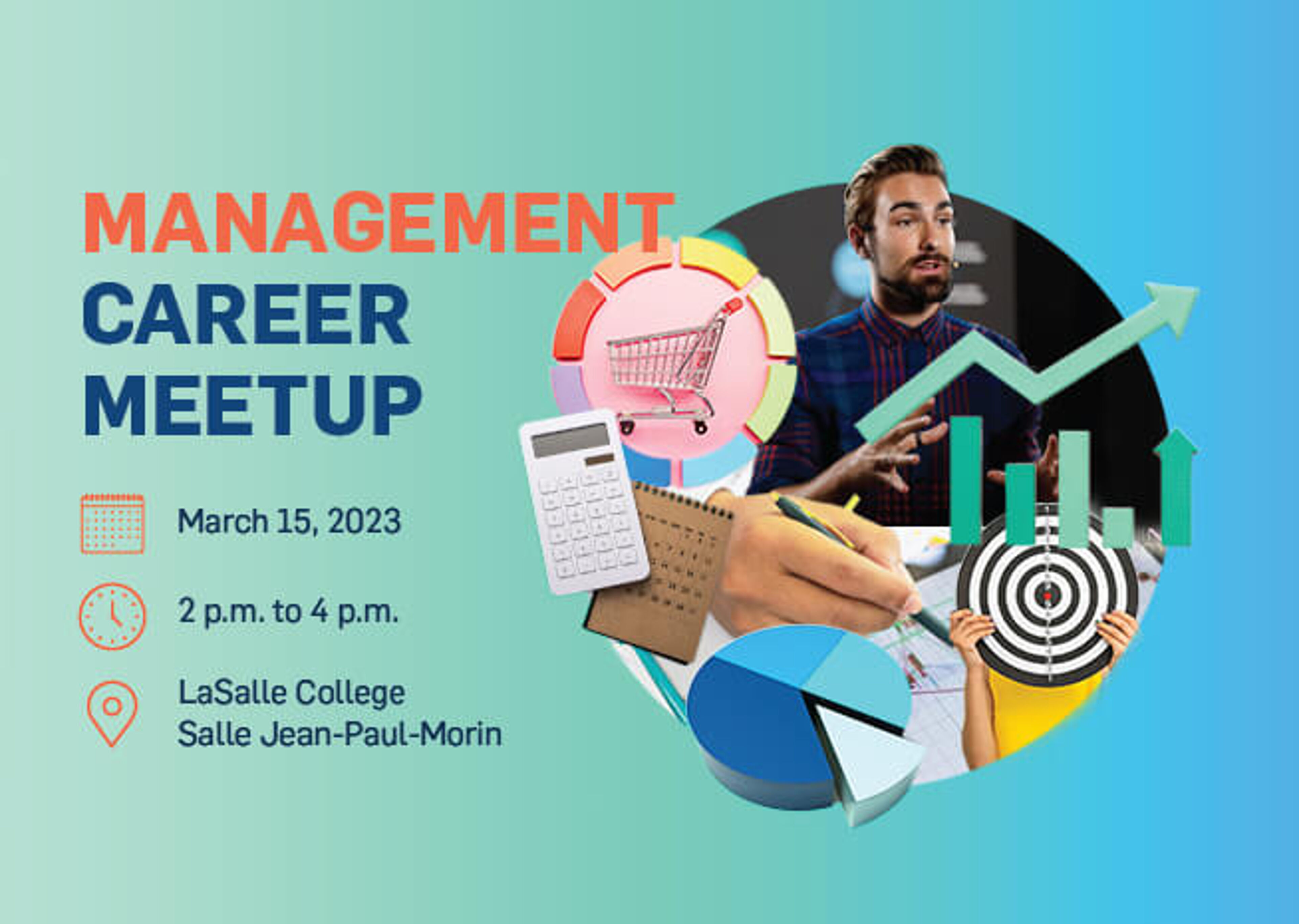 Advertisement for a Management Career Meetup on March 15, 2023, with graphics depicting business elements, at LaSalle College.