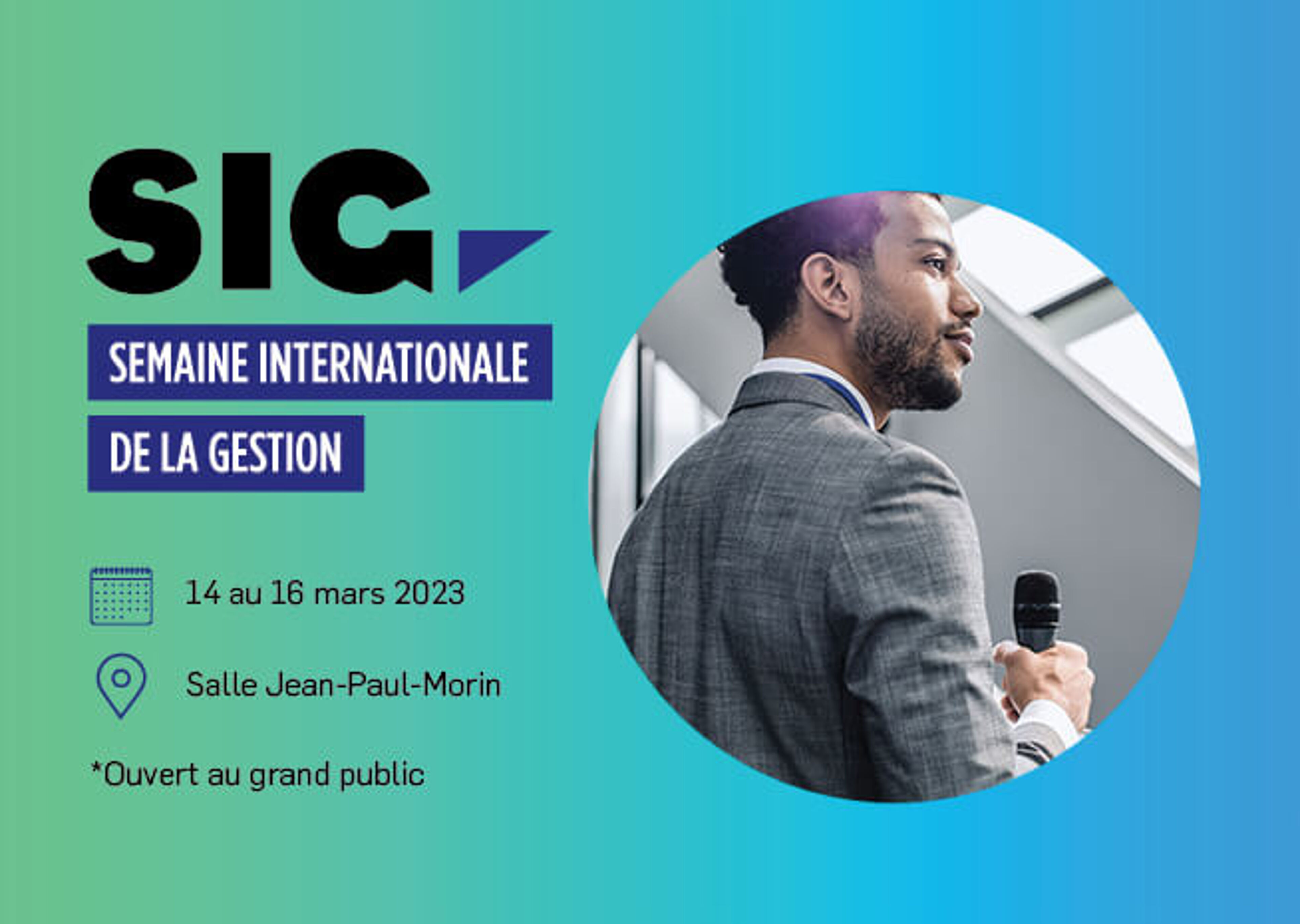 Un homme professionnel parlant à la Semaine Internationale de la Gestion SIG du 14 au 16 mars 2023, à la Salle Jean-Paul-Morin, ouverte au public.