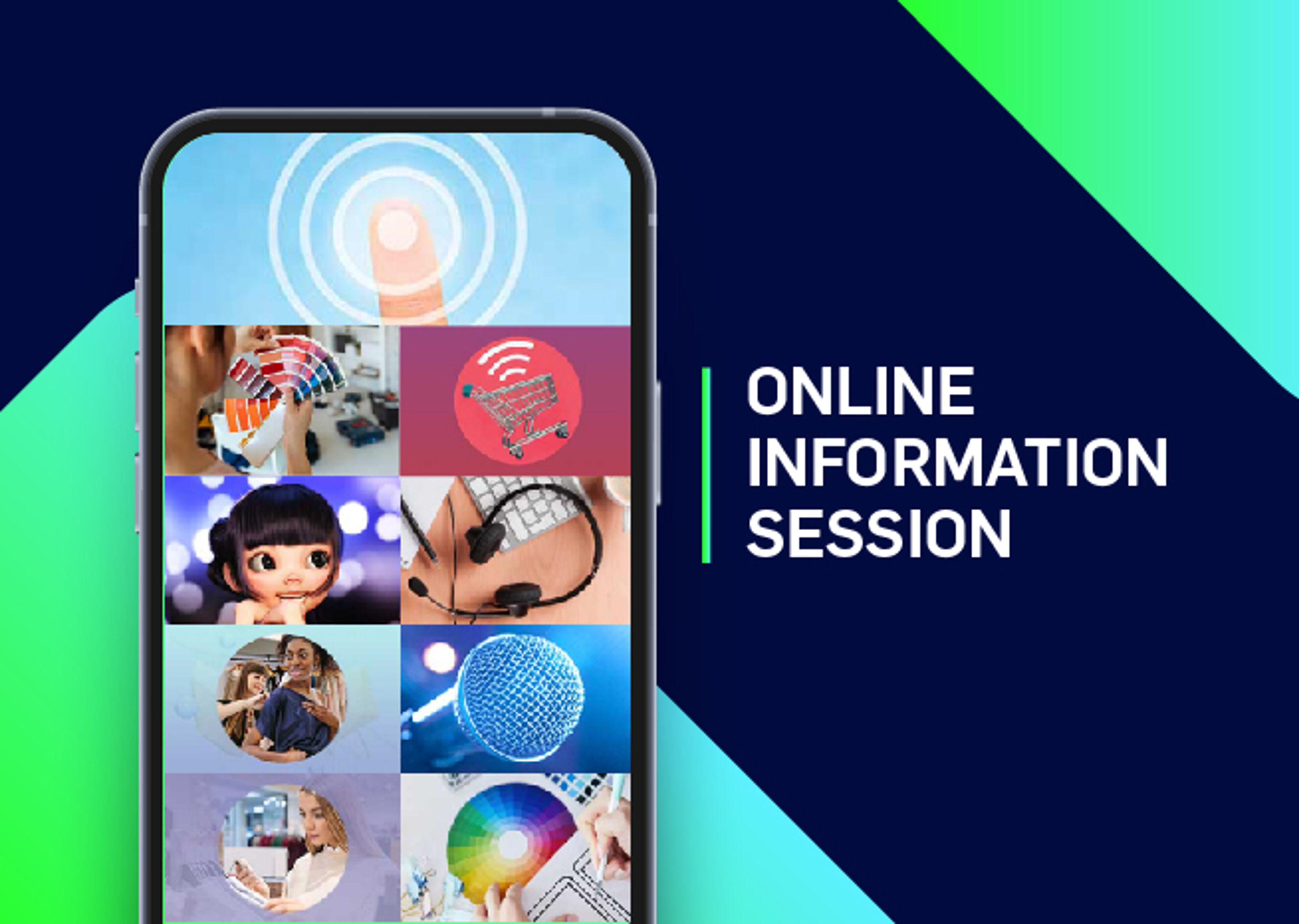 Graphic for an online information session, displaying a smartphone with various multimedia icons on the screen.