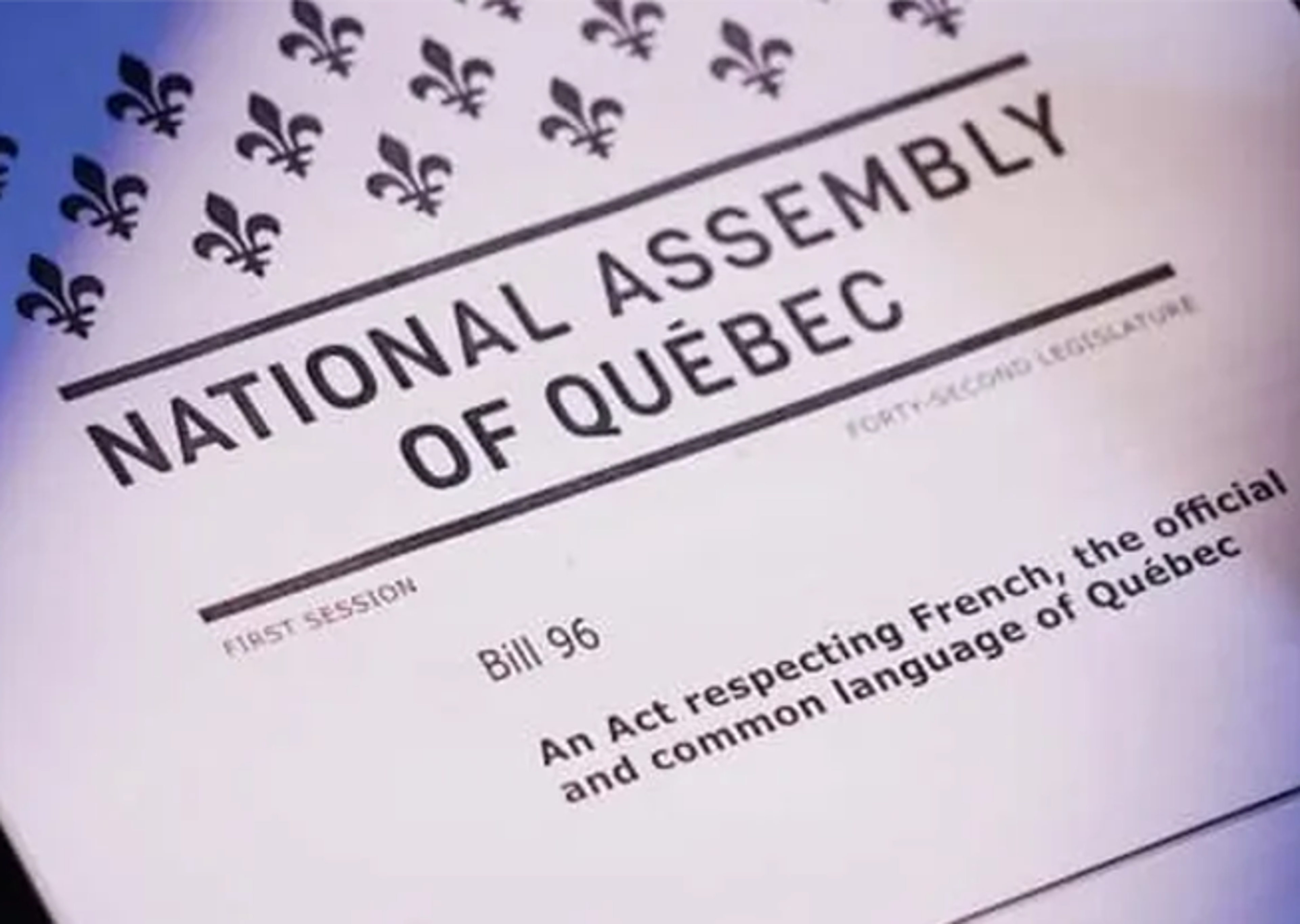 A printed document titled "Bill 96", described as "An Act respecting French, the official and common language of Quebec", from the National Assembly of Quebec.
