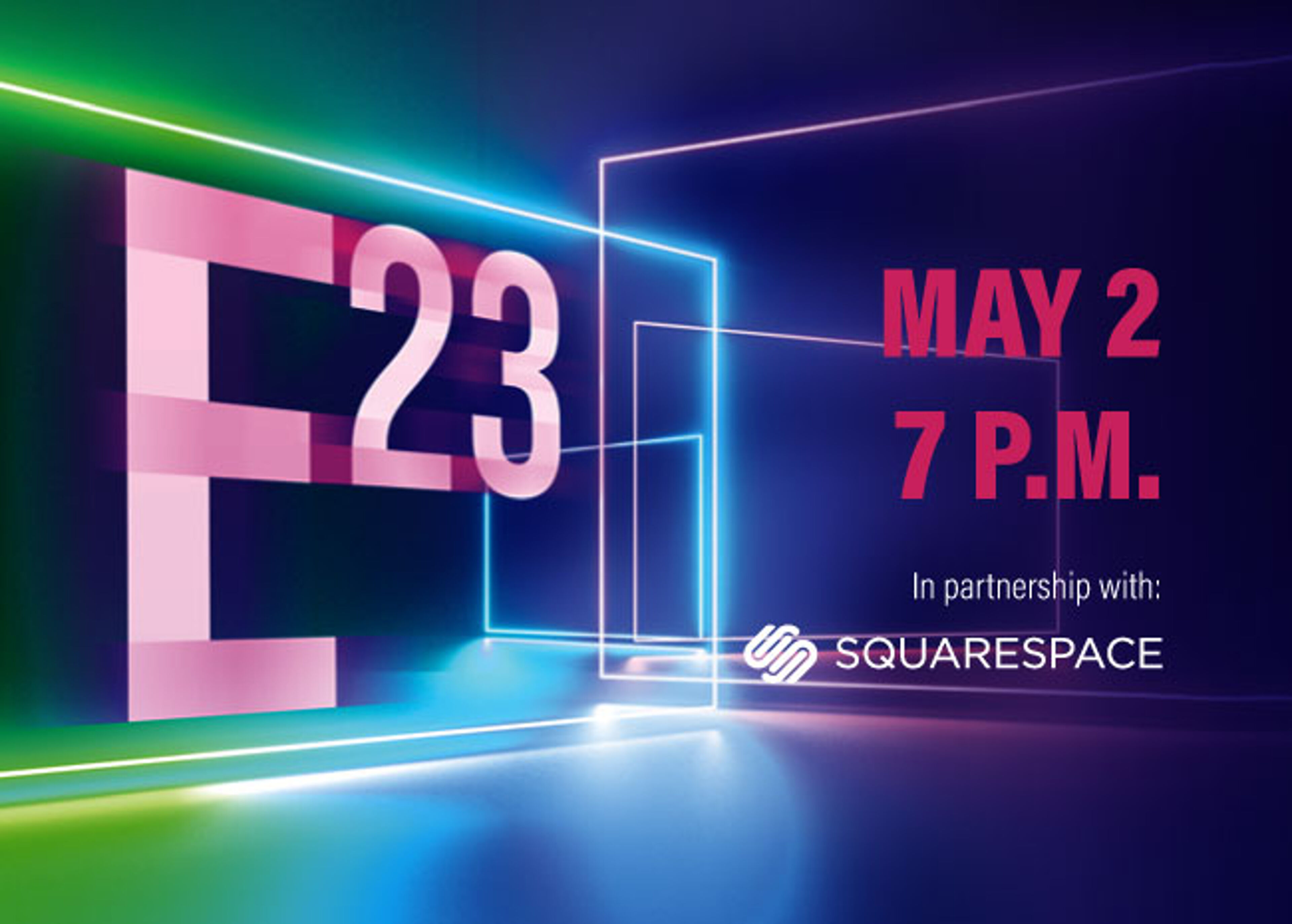 Abstract neon-lit graphic featuring "23" and "MAY 2 7 P.M." with the Squarespace logo, indicating an event partnership.