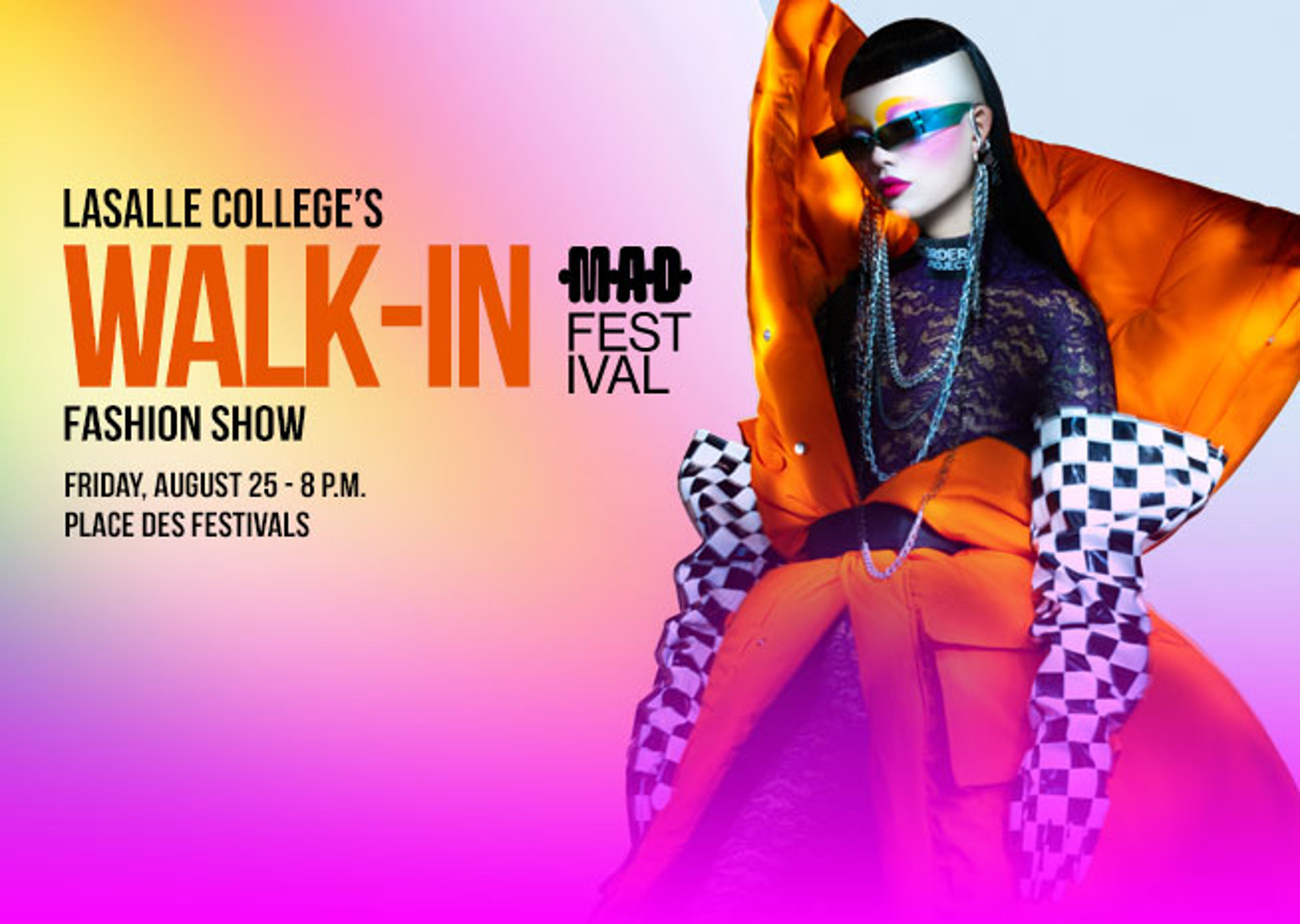 Promotional poster for LaSalle College's WALK-IN fashion show, featuring a model in bold outfit.