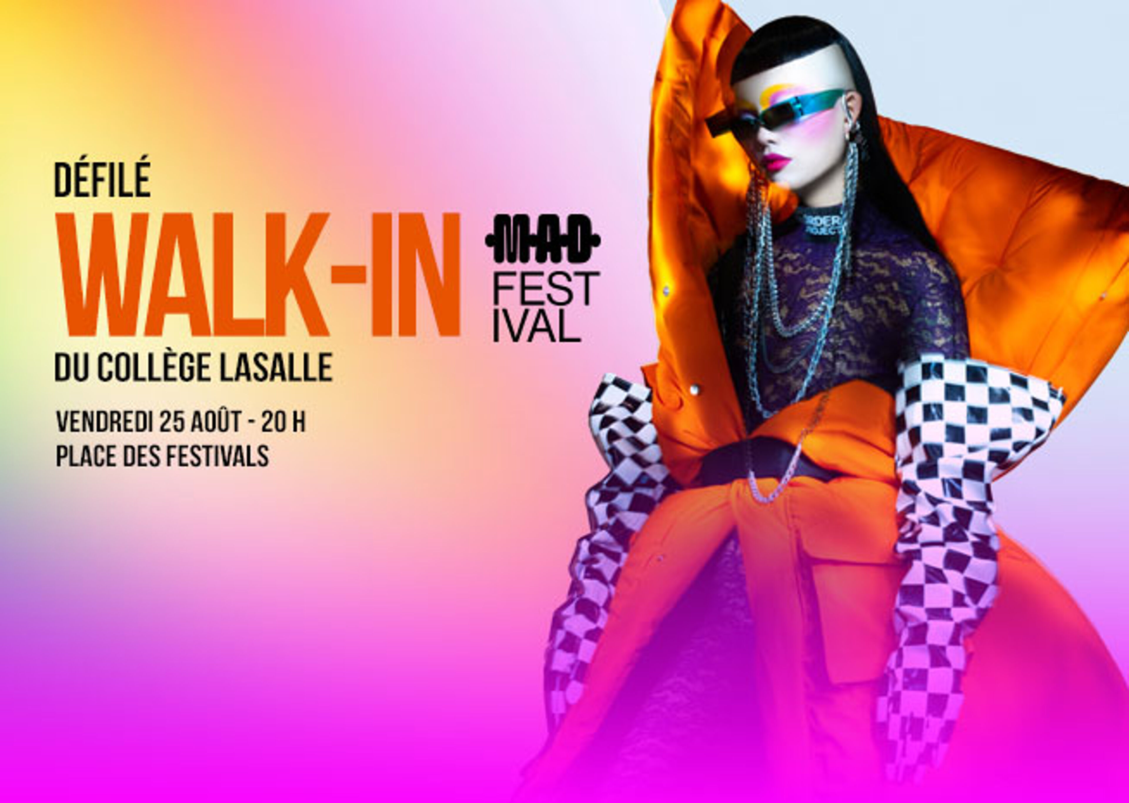 Affiche promotionnelle pour le défilé de mode WALK-IN du Collège LaSalle, avec un mannequin en tenue audacieuse.