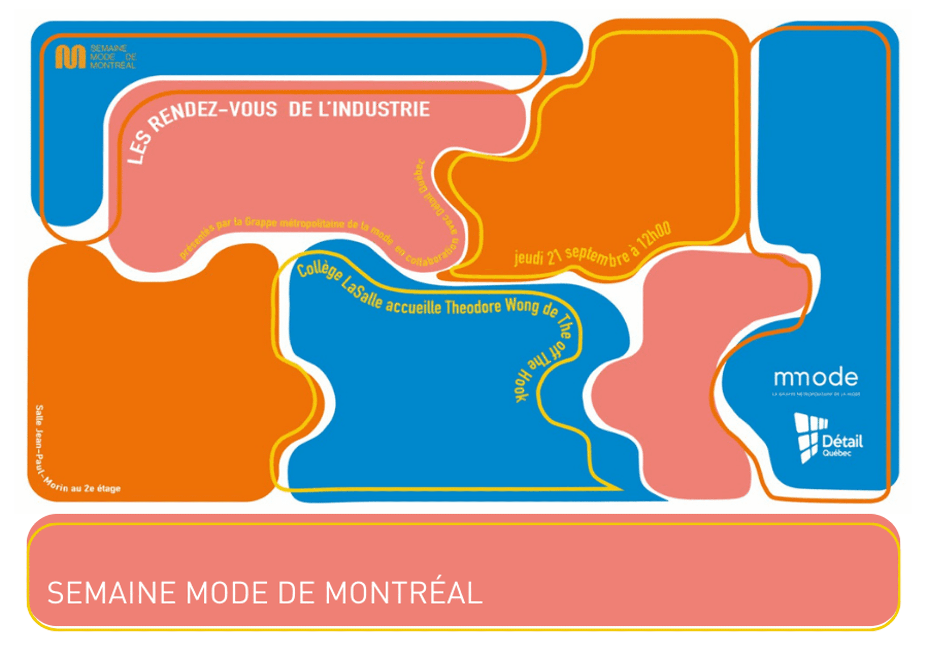 Plan coloré pour la Semaine de la Mode de Montréal avec les temps forts de l'événement et les détails du programme.