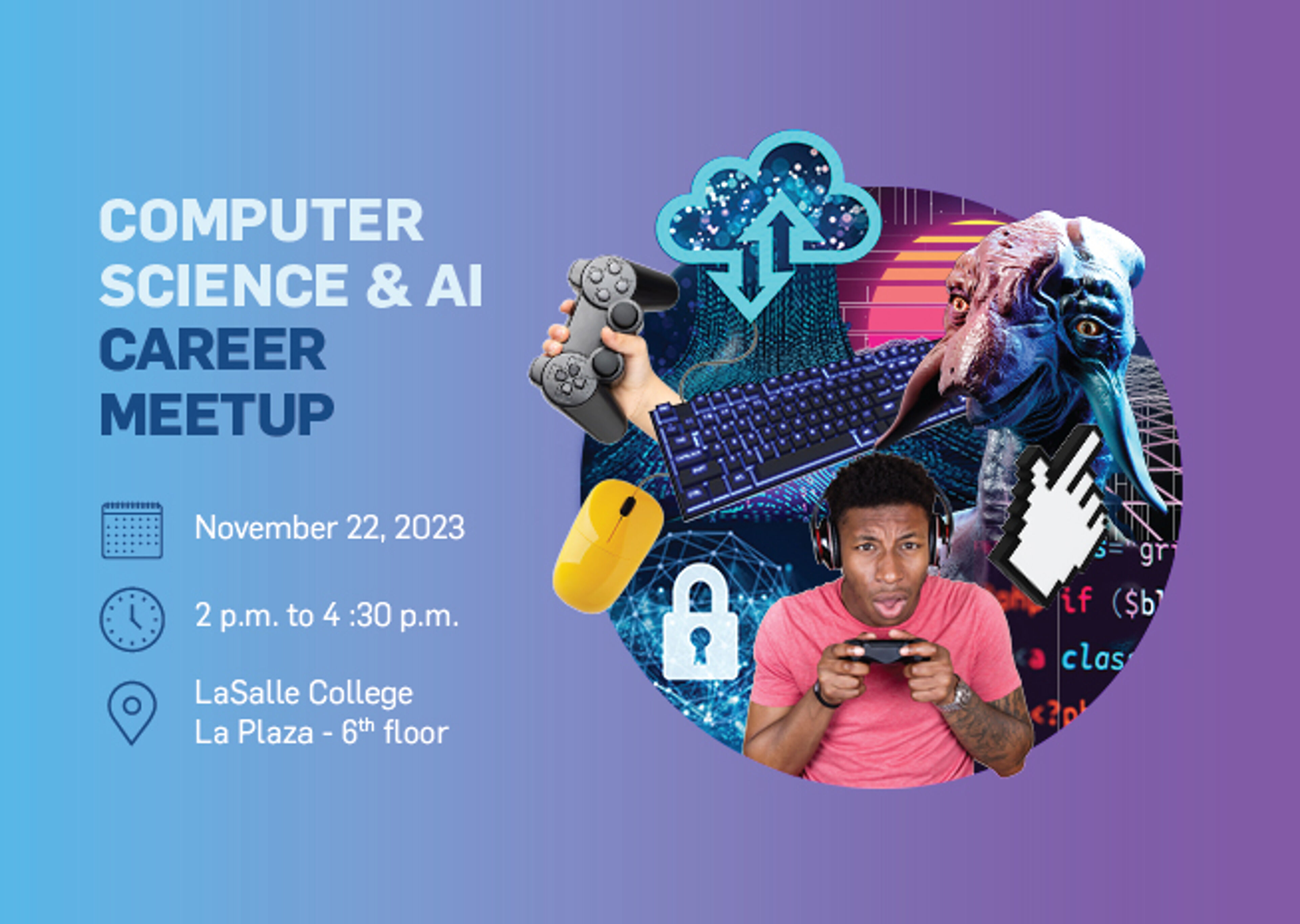 A colorful poster announcing a Computer Science and AI Career Meetup on November 22, 2023, with various digital and AI-related graphics.