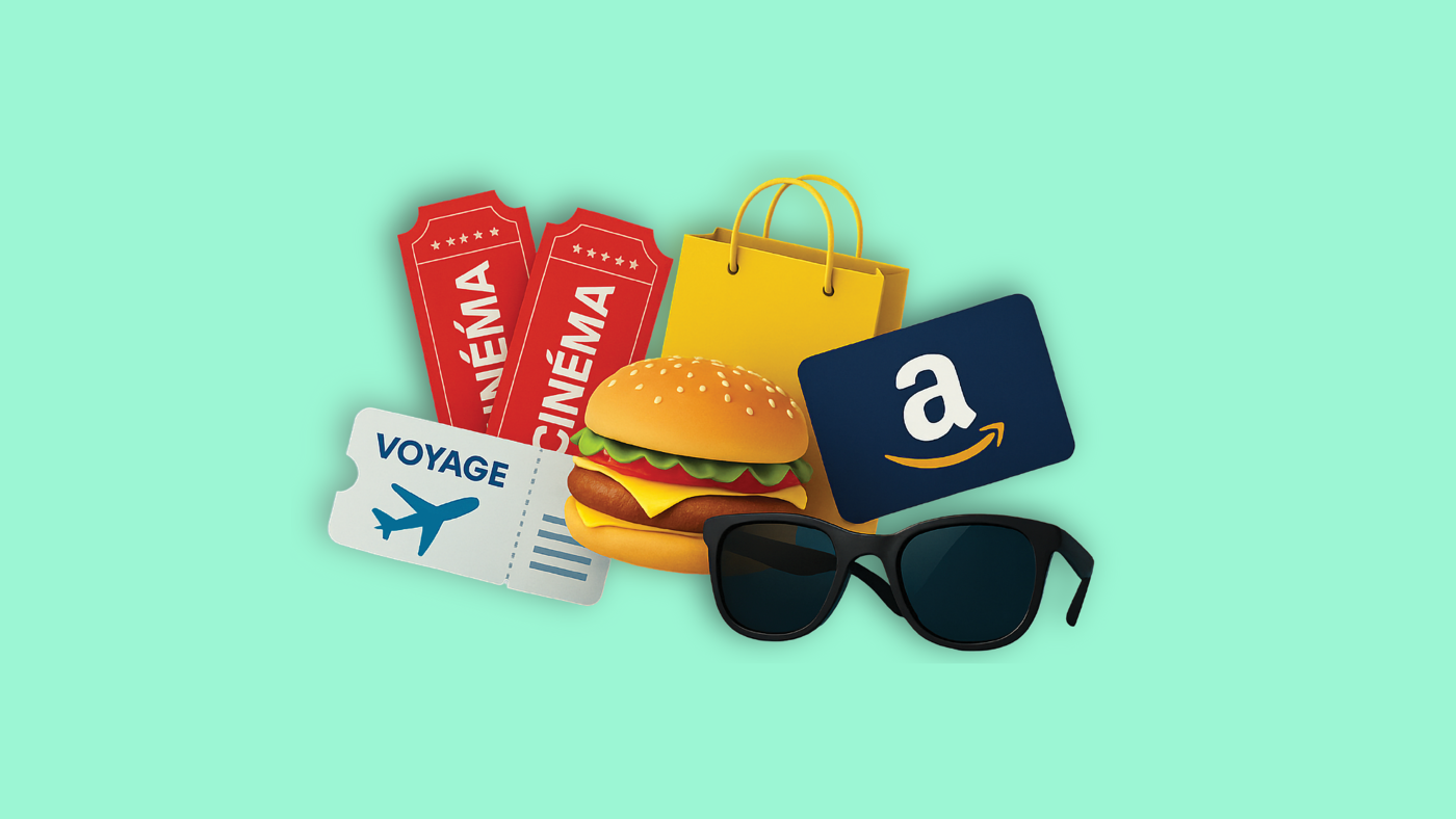 A vibrant visual displays potential summer contest prizes including cinema tickets, a travel voucher, a burger, a shopping bag, an Amazon gift card, and sunglasses, all arranged on a bright green background.