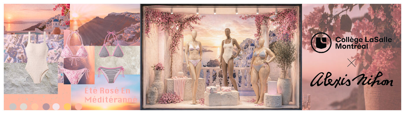 Wide promotional banner featuring a Mediterranean-inspired summer collage with beach scenes, floral accents, swimwear imagery, and a central boutique display of mannequins in bikinis. Collège LaSalle Montréal and Alexis Nihon branding appears on the right over a soft pastel background.