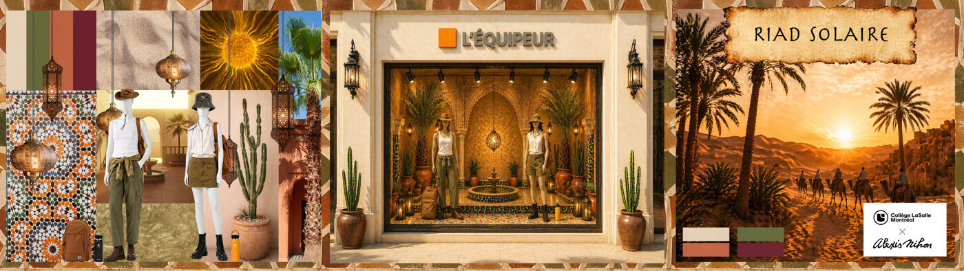 Wide promotional image for RIAD SOLAIRE featuring a storefront display, fashion mannequins, Moroccan-inspired decor, and a desert sunset scene.