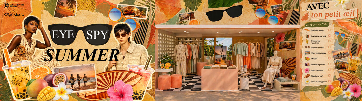 Wide summer fashion promotional collage featuring “EYE SPY SUMMER” text, a model in seasonal apparel, a boutique storefront display, and tropical scrapbook-style elements in warm, vibrant colors.