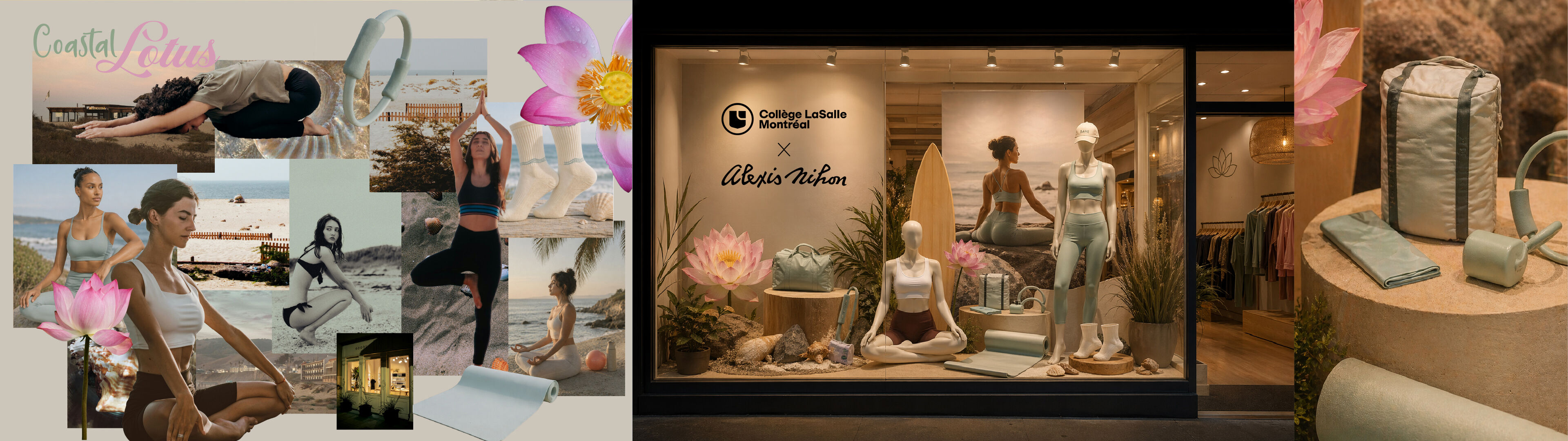 Panoramic collage for the Coastal Lotus storefront display at College LaSalle Montréal x Alexis Nihon, featuring fashion imagery, pastel floral accents, mannequins, accessories, and wellness-inspired styling.