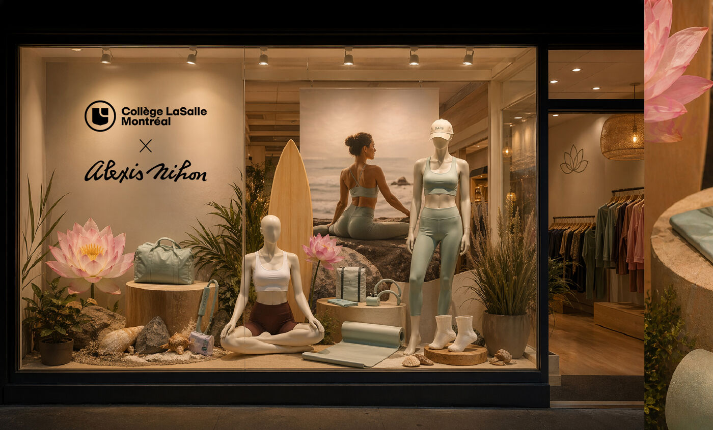 Panoramic collage for the Coastal Lotus storefront display at College LaSalle Montréal x Alexis Nihon, featuring fashion imagery, pastel floral accents, mannequins, accessories, and wellness-inspired styling.