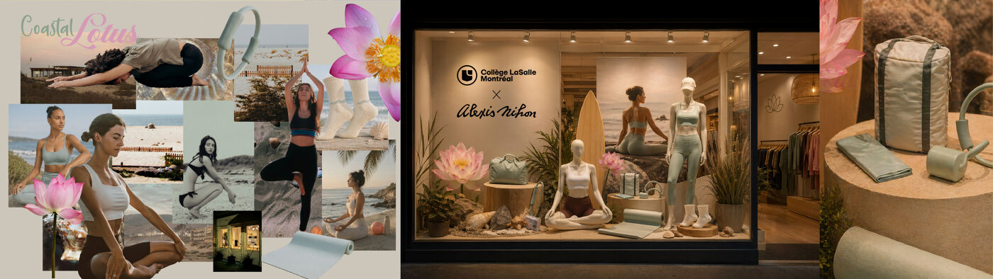 A wide, collage-style banner featuring the Coastal Lotus concept, with beachside yoga imagery, a central boutique storefront display for Collège LaSalle Montréal x Alexis Nihon, and a curated product still life in soft neutral tones.