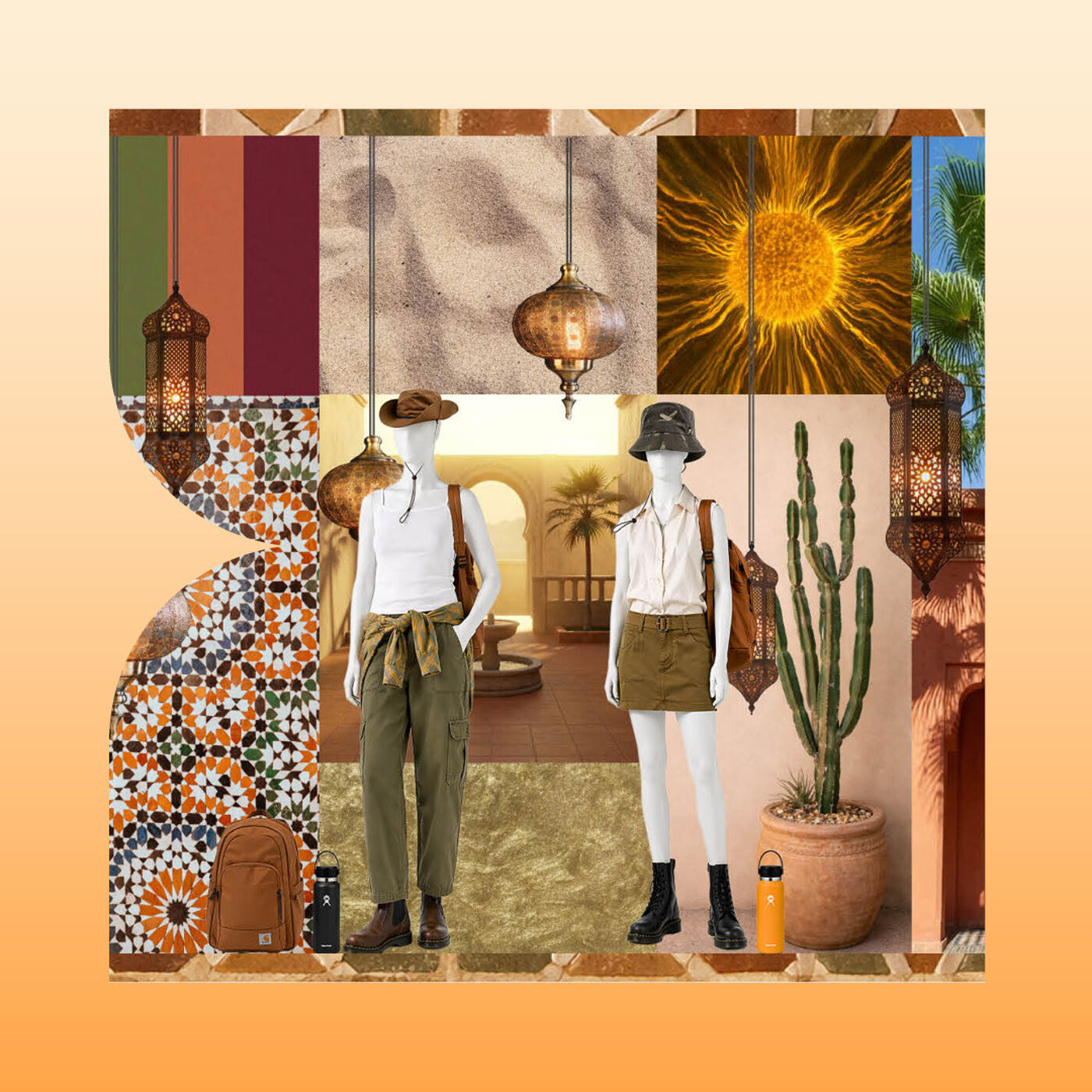 A fashion collage on a warm orange gradient background featuring two headless mannequins in safari-inspired outfits, surrounded by lanterns, patterned textiles, desert and palm imagery, backpacks, water bottles, and bohemian decorative accents.