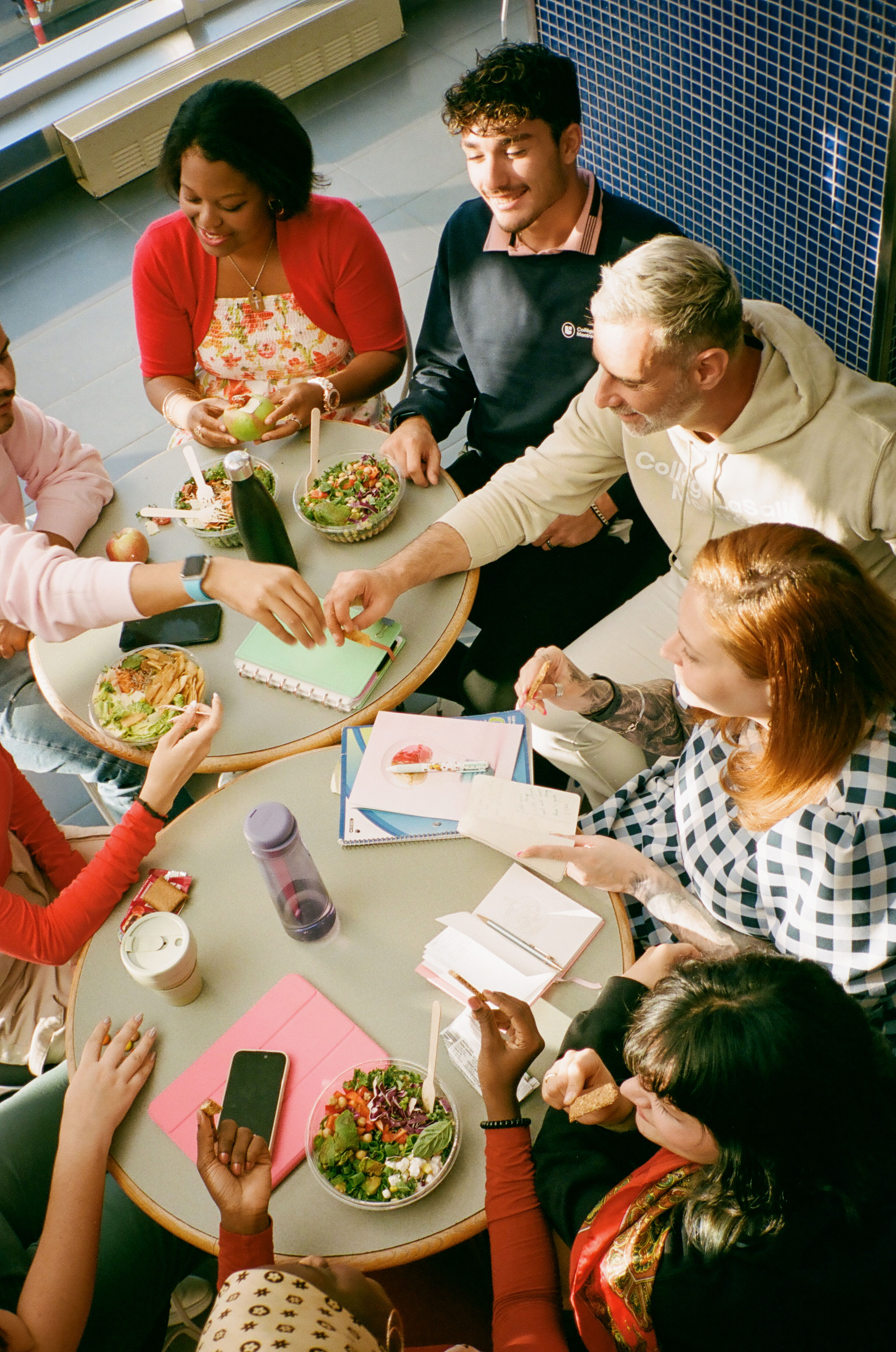 Students share food and ideas around a sunny table.