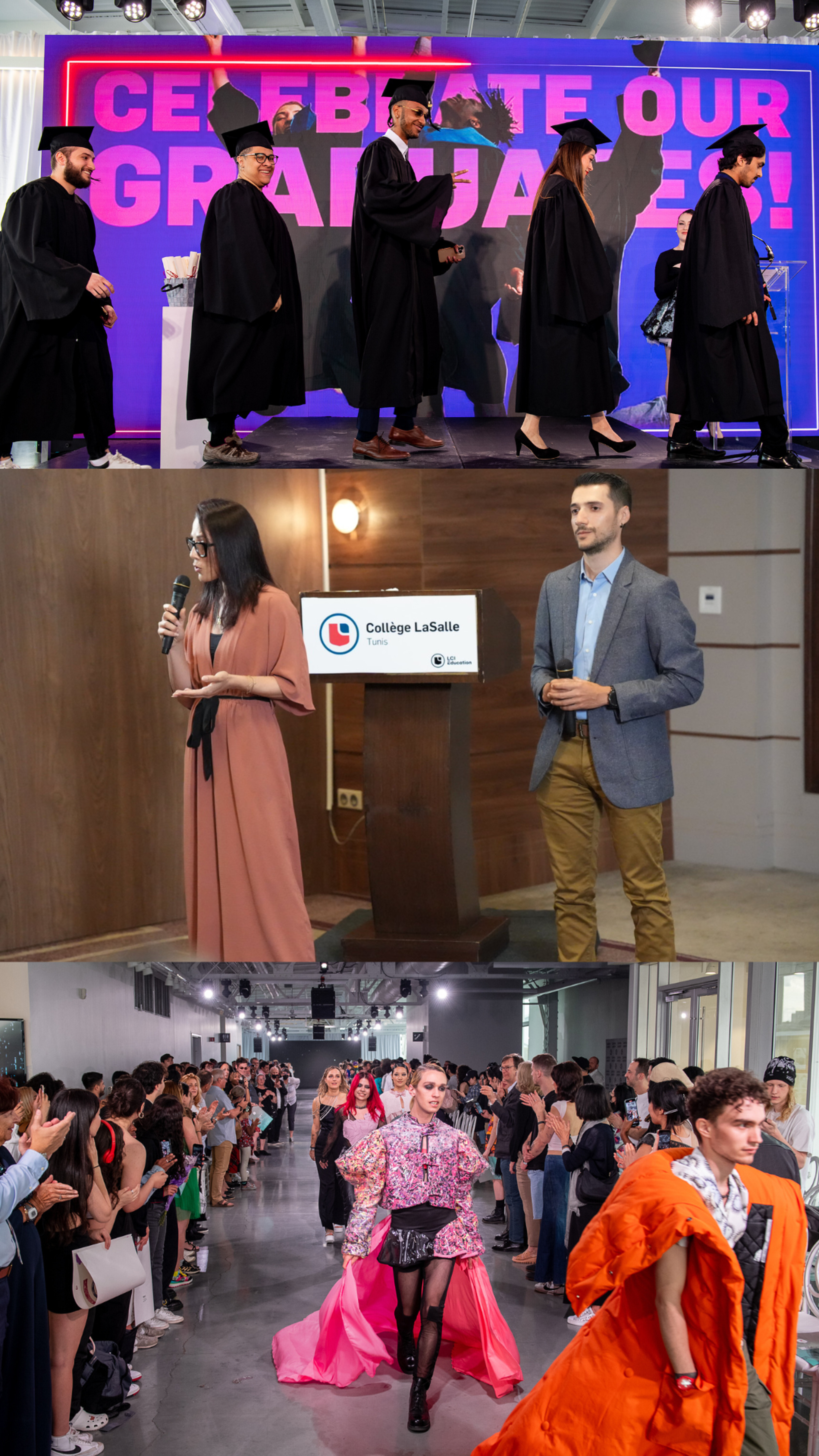 A collage featuring graduates at a ceremony, a speaker at a podium, and models strutting on the runway.